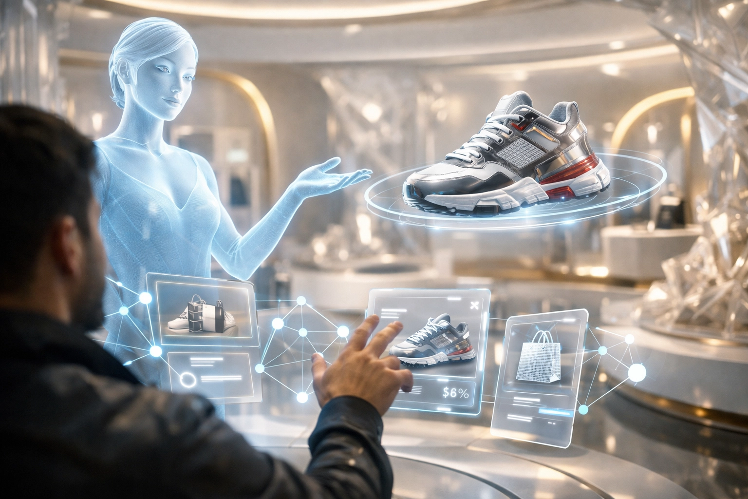 AI shopping assistant in a futuristic metaverse store powered by Larecoin Web3 payment intelligence.