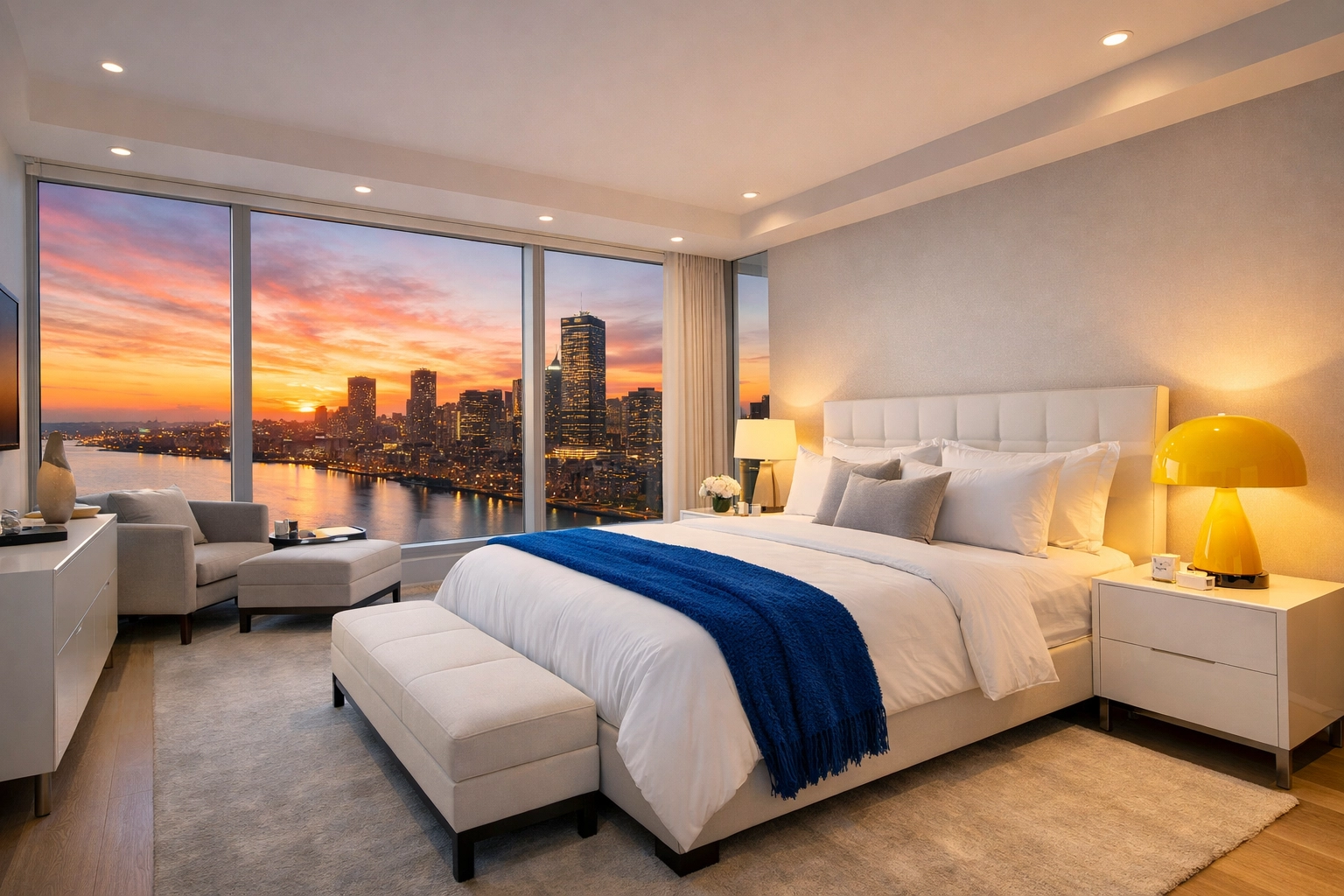 Spotless luxury bedroom with Boston skyline views, ready for move-in after professional apartment cleaning.