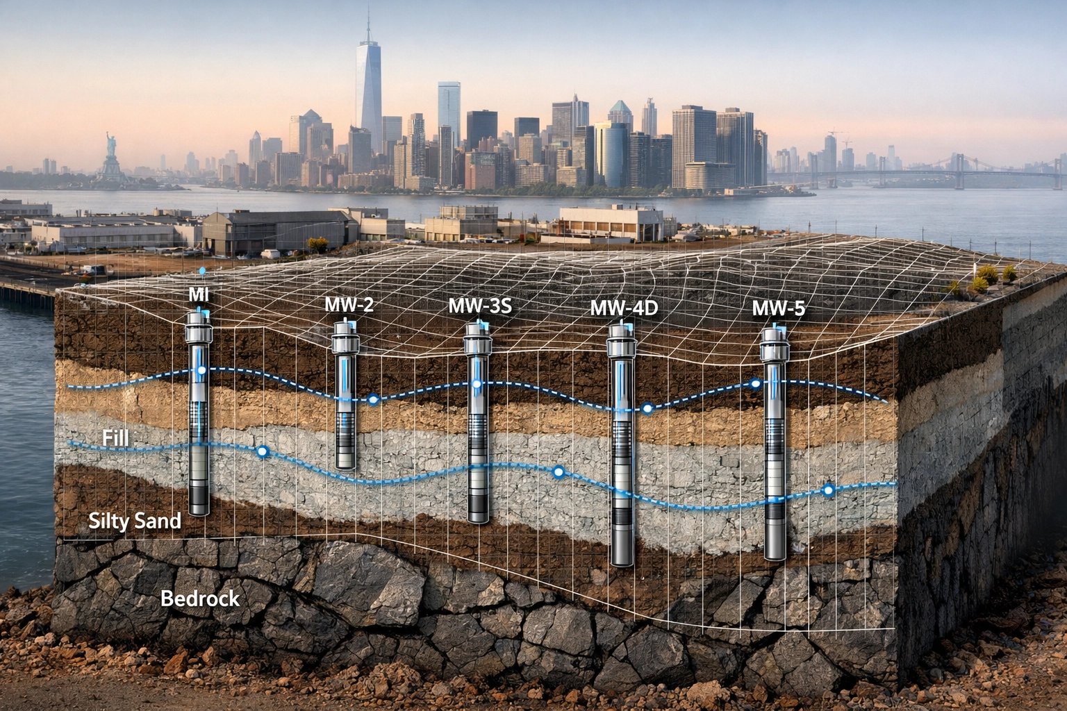 Technical cross-section of NYC/NJ soil strata and monitoring wells for rapid Phase I environmental site characterization.