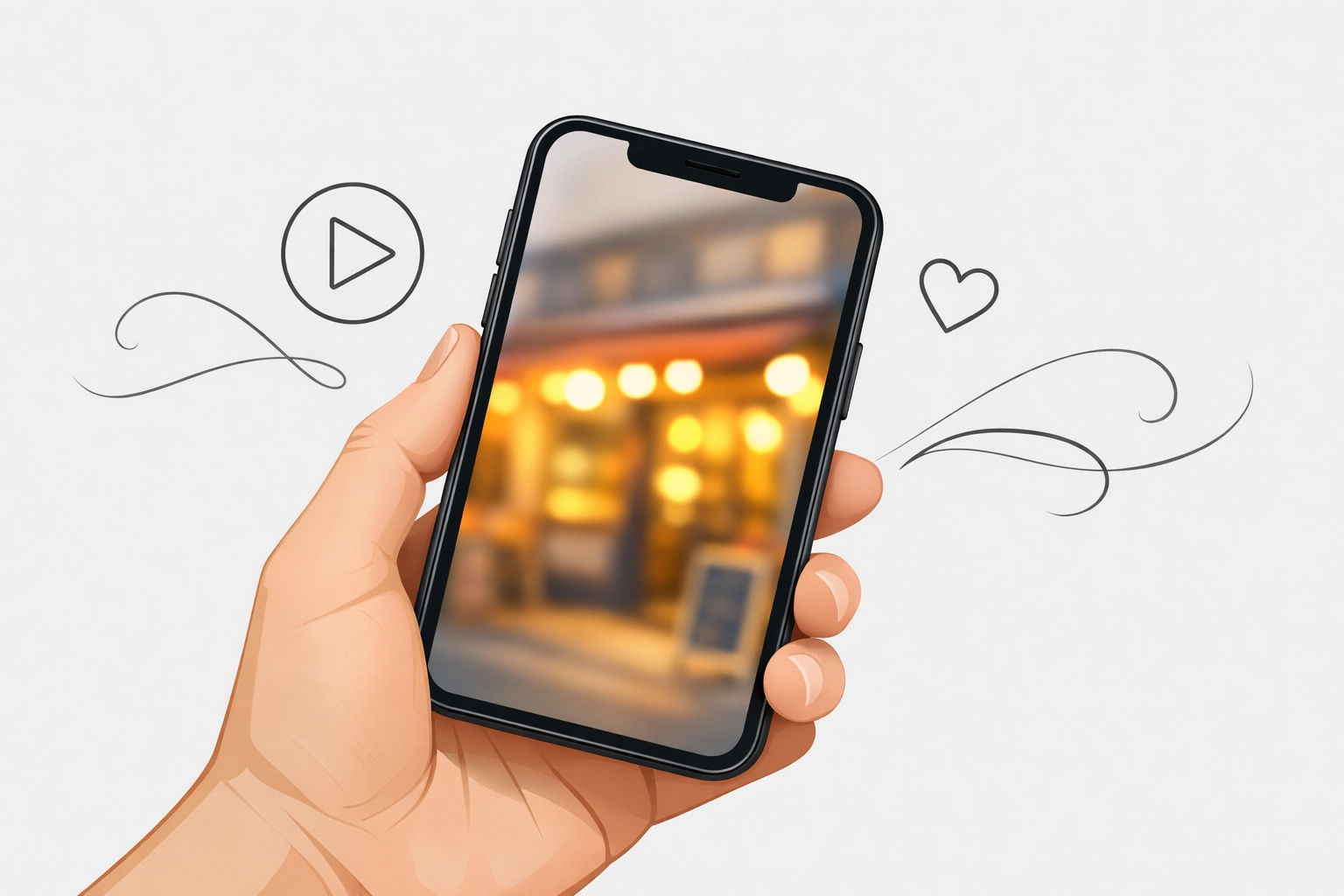 Illustration of a person using a smartphone to view a local North Port storefront video on social media.