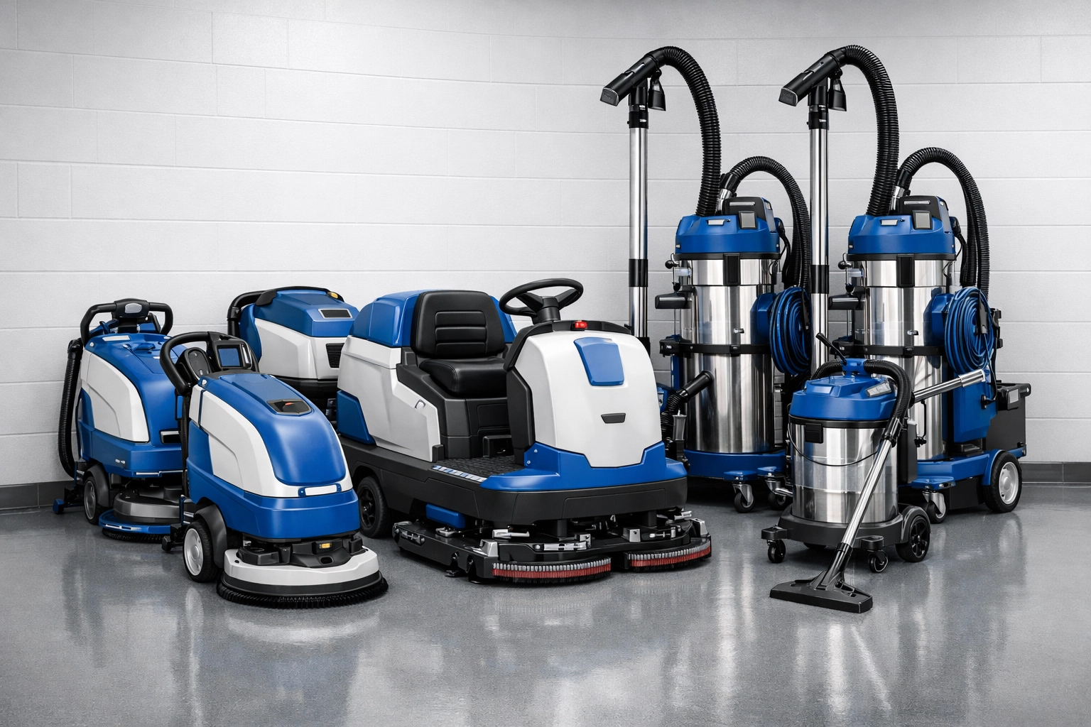 A fleet of professional industrial cleaning equipment ready for warehouse maintenance services.