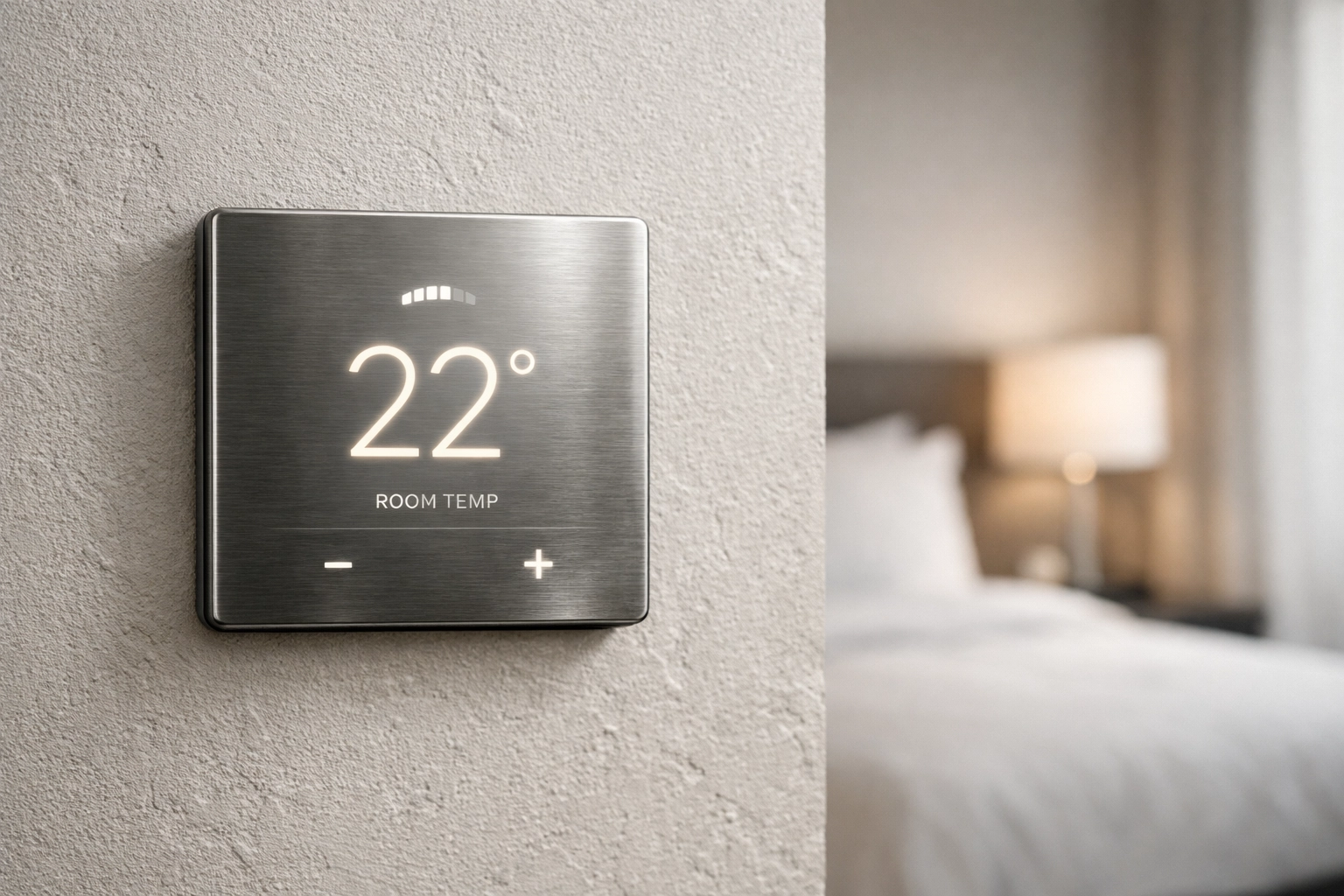 A modern smart thermostat in a hotel room representing proactive hotel guest experience technology.