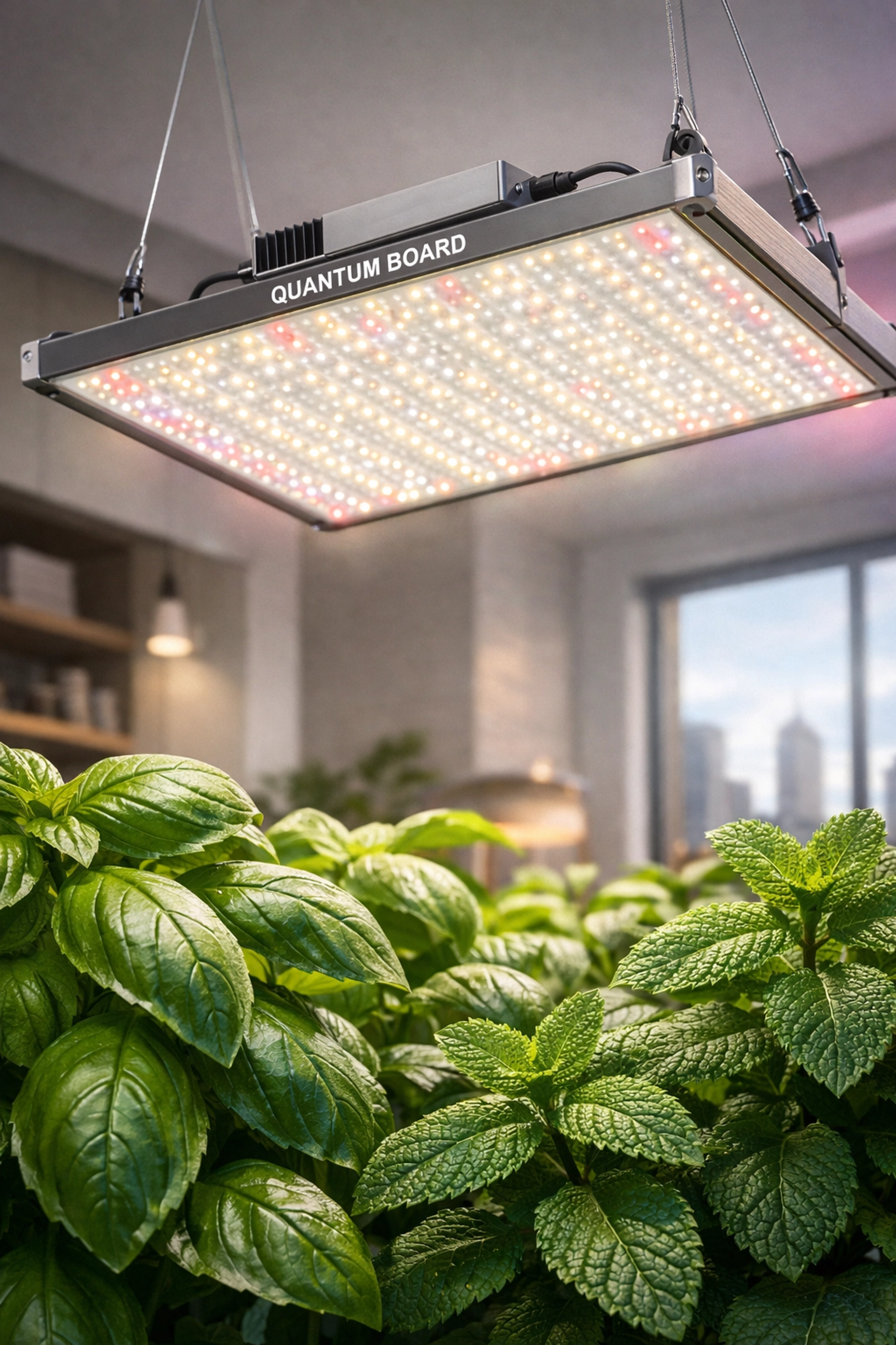 Full-spectrum LED grow lights overhead an indoor herb garden in a compact city apartment.