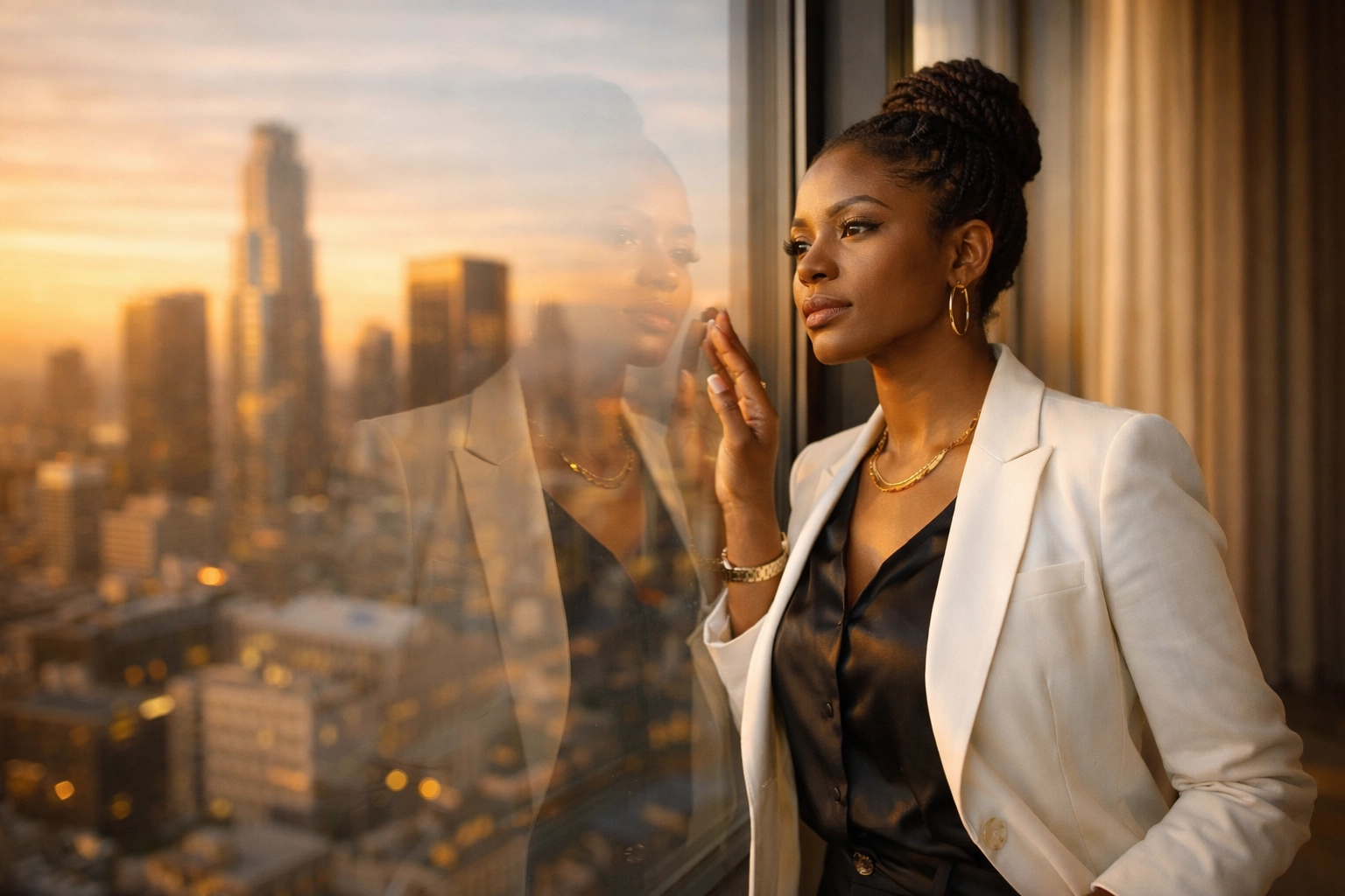Successful businesswoman contemplating purpose while overlooking city skyline