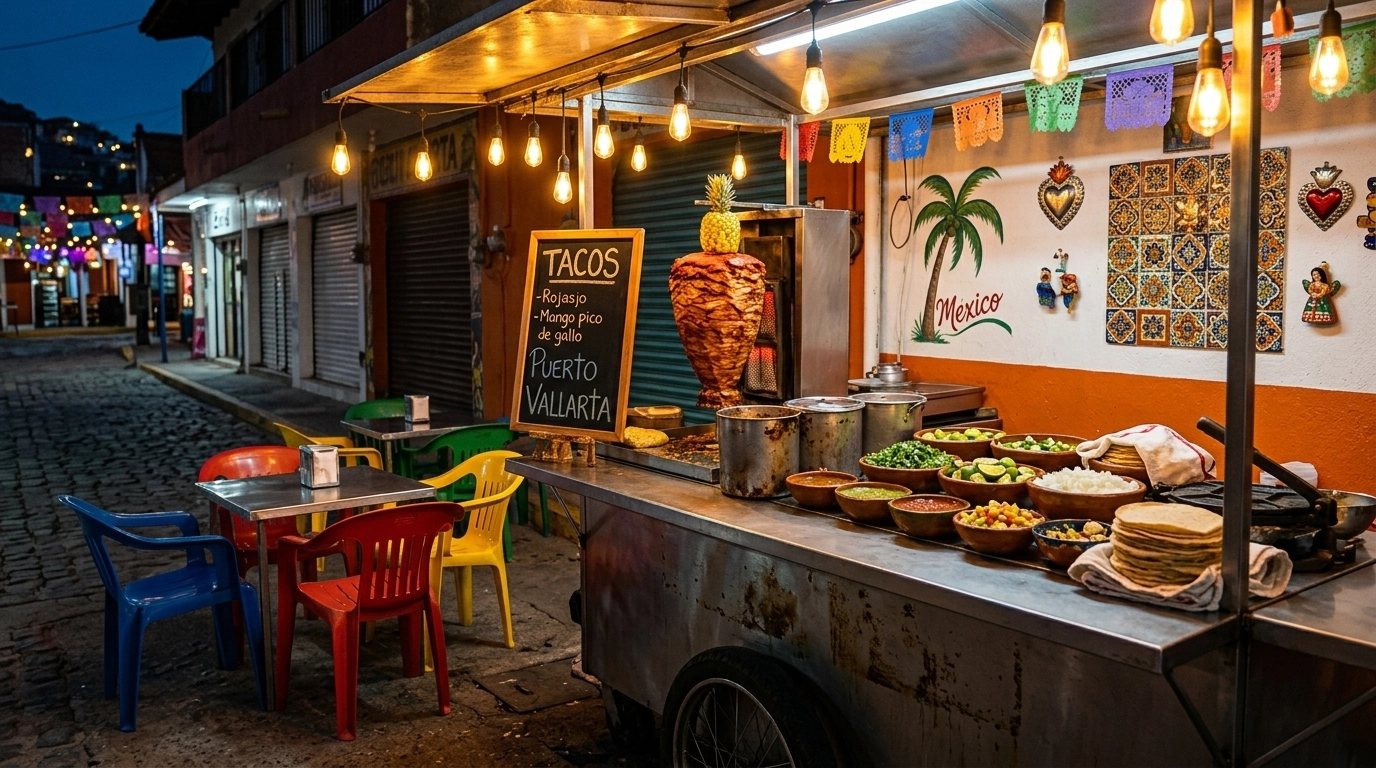 An authentic Mexican street food stall in Puerto Vallarta at night. The stall is brightly lit with warm yellow lights. You can see colorful plastic chairs, stacks of fresh tortillas, and various bowls of salsas and toppings.