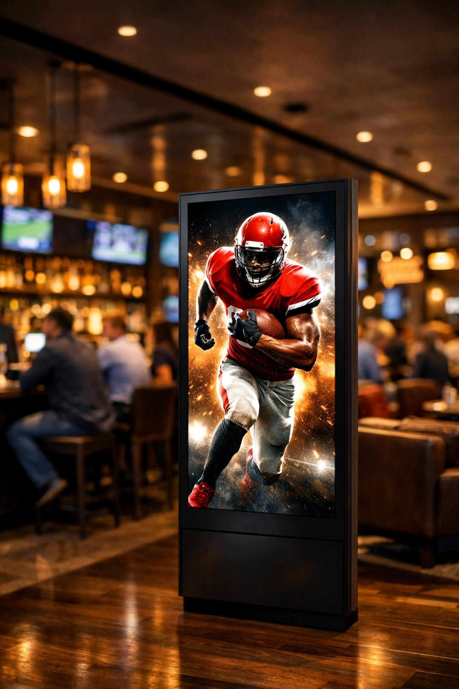 Digital out-of-home advertising screen in a modern sports bar reaching fans in a social setting.
