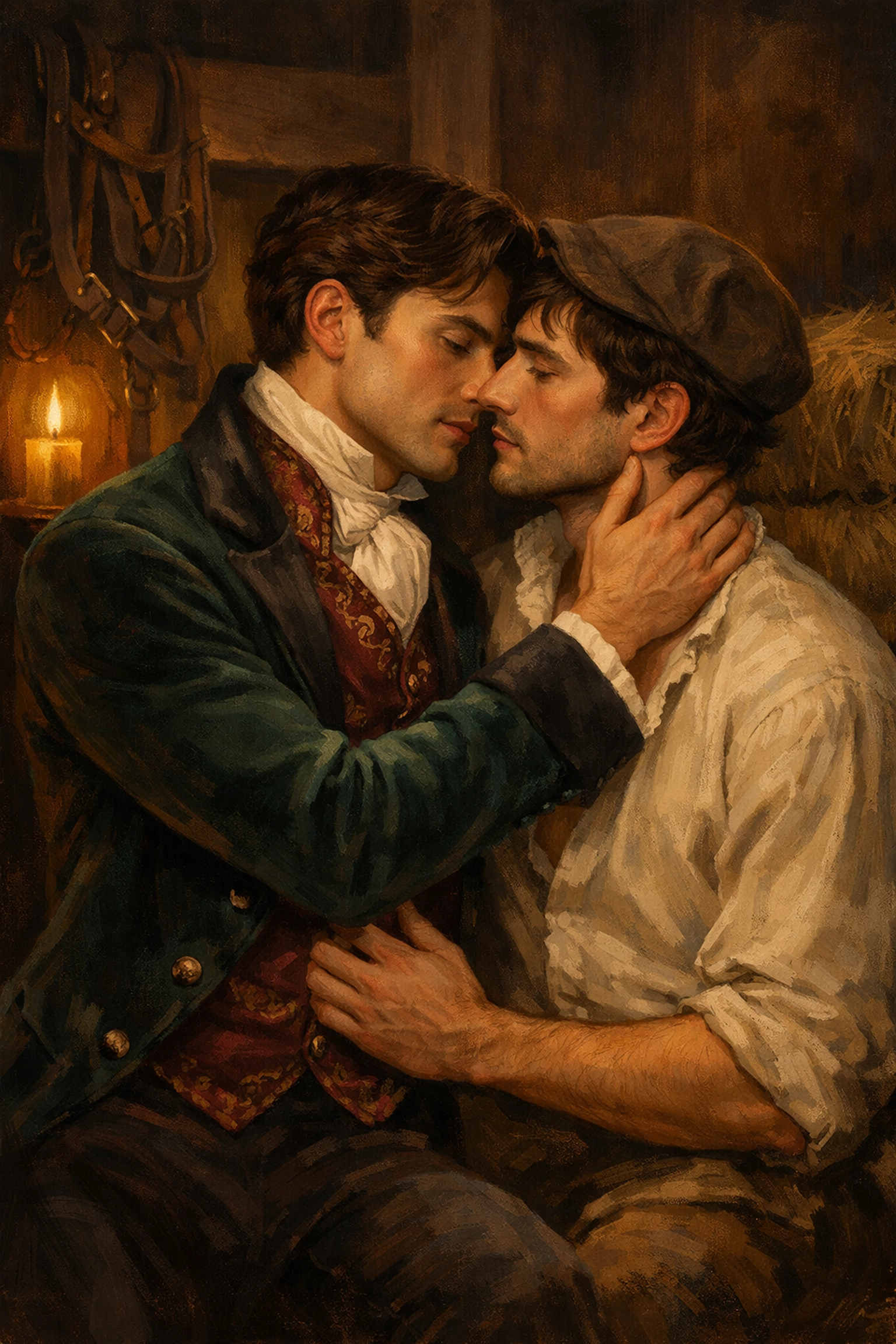 Victorian aristocrat and stable hand in intimate moment - historical gay romance