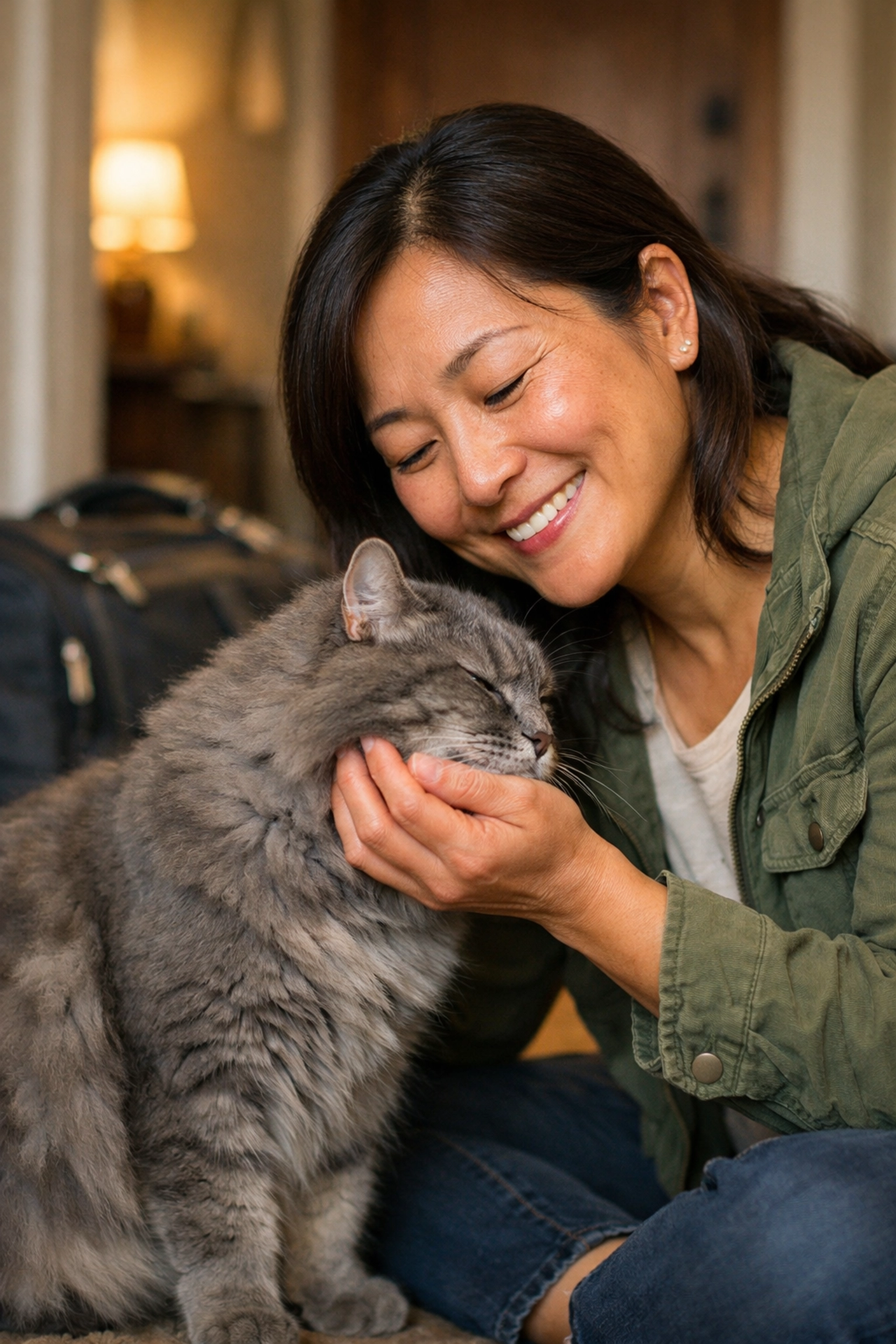 Reunited traveler with a happy cat after professional in-home cat sitting in Oakland.