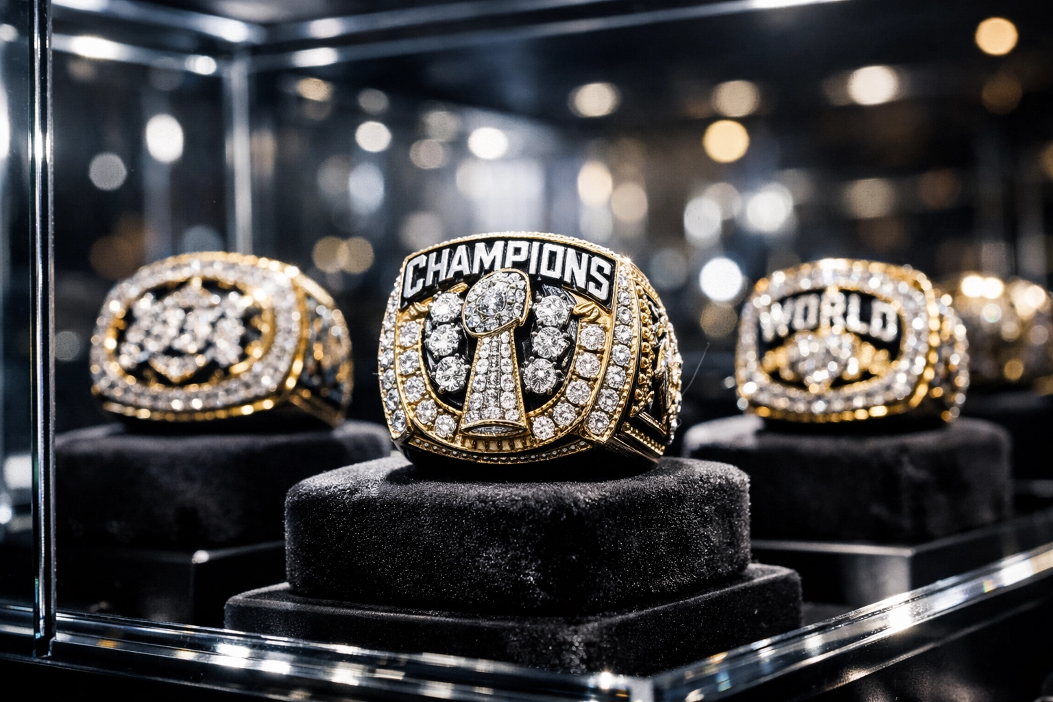 Ornate Super Bowl championship rings in a glass display case at the Moscone Center fan exhibit.