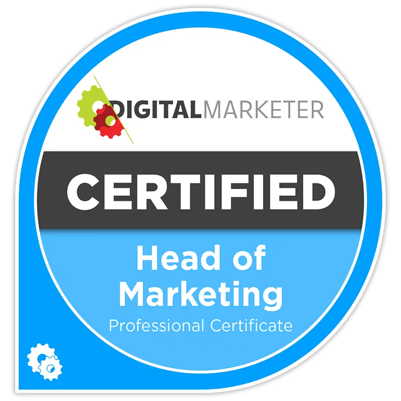 DigitalMarketer professional certificate badge for Certified Head of Marketing, representing advanced credentials and expertise