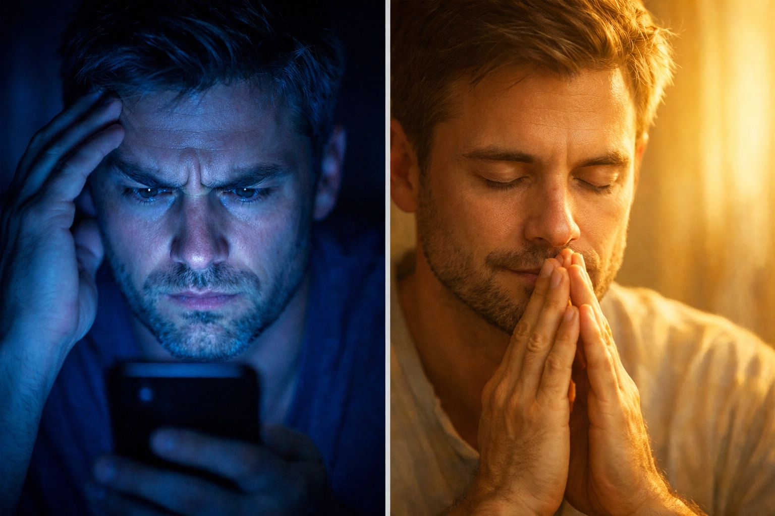 Contrast between anxious news scrolling and peaceful prayer showing Christ-centered perspective