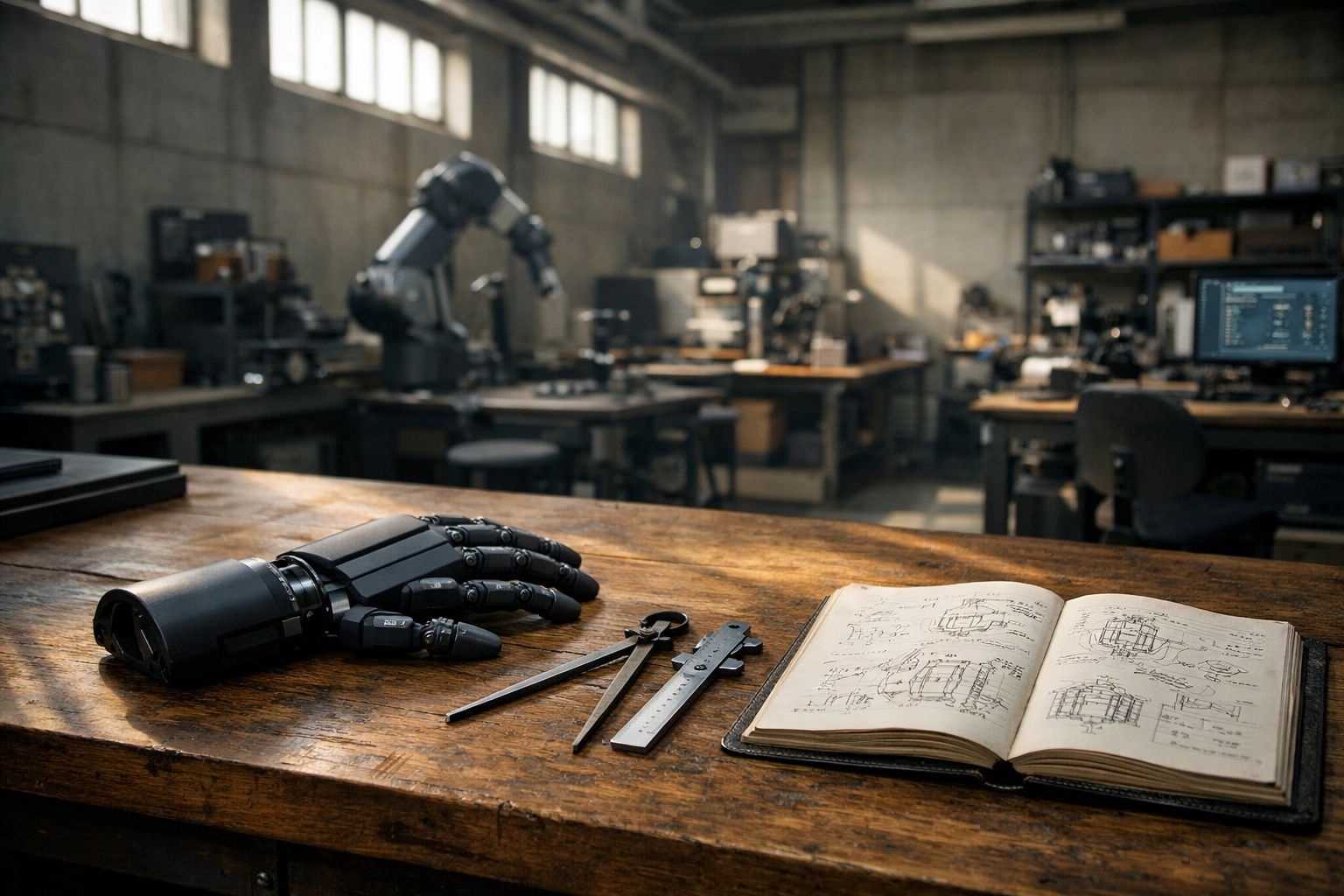 Robotic hand on a workbench in a Tokyo AI lab next to traditional Japanese precision tools.