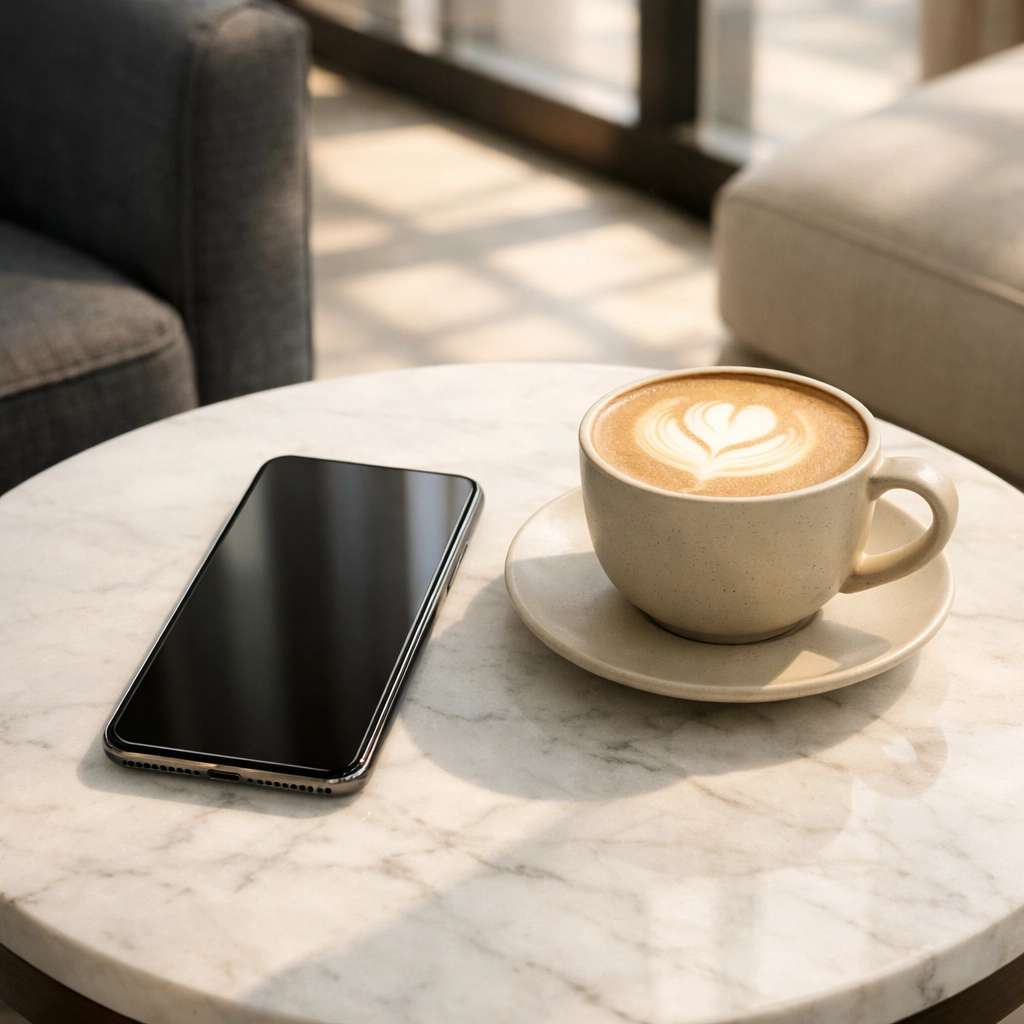 Smartphone on a hotel lounge table representing AI discovery and mobile booking engine interaction.