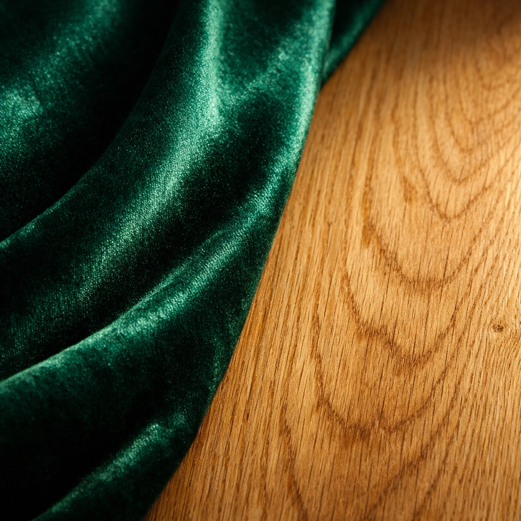 Close-up of emerald green velvet fabric and oak wood representing luxury home remodeling.