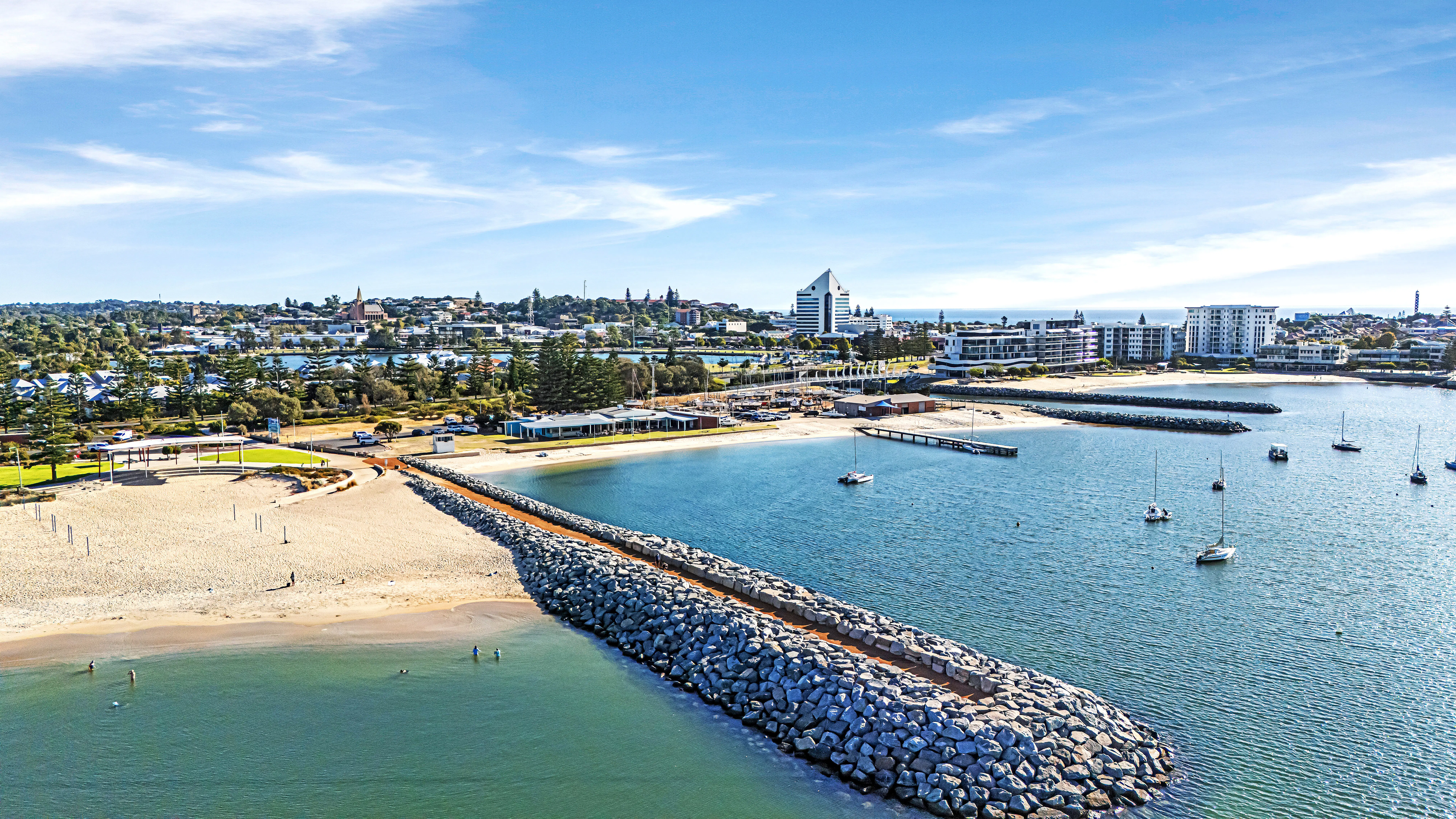 Aerial photograph showcasing Bunbury’s waterfront, highlighting Leschenault Inlet and the marina