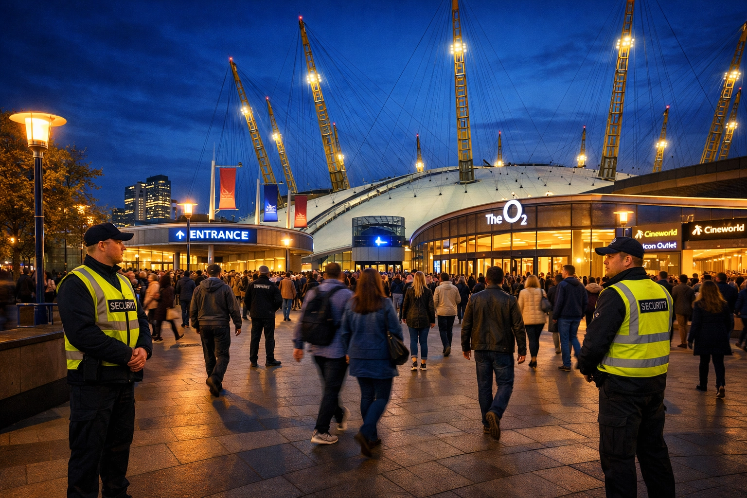 Security personnel in a London public square ensuring Martyn’s Law compliance and venue safety.