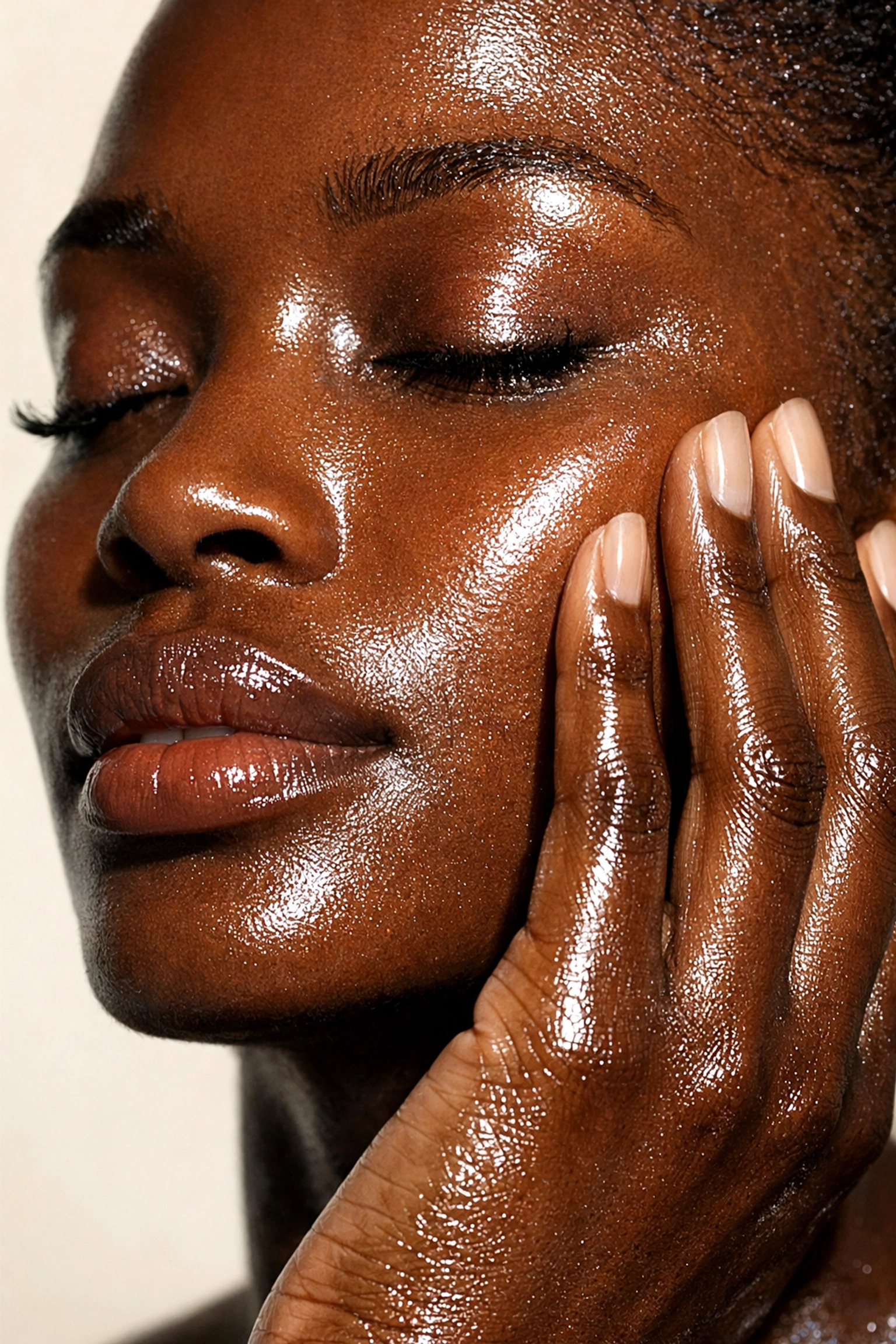 Close-up of deep-toned skin with a dewy, hydrated texture for the CEO glow ritual.