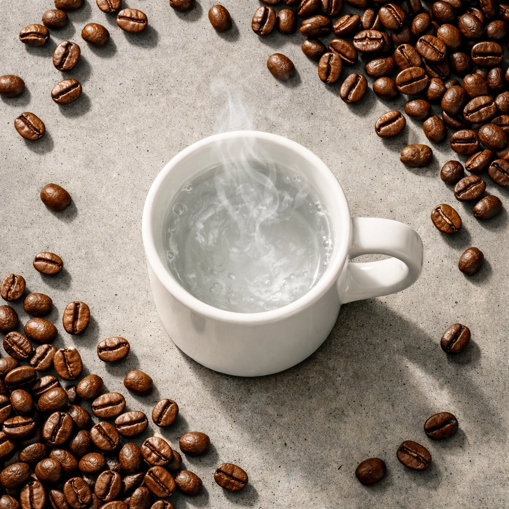 Pre-heating coffee mug with hot water surrounded by fresh roasted coffee beans