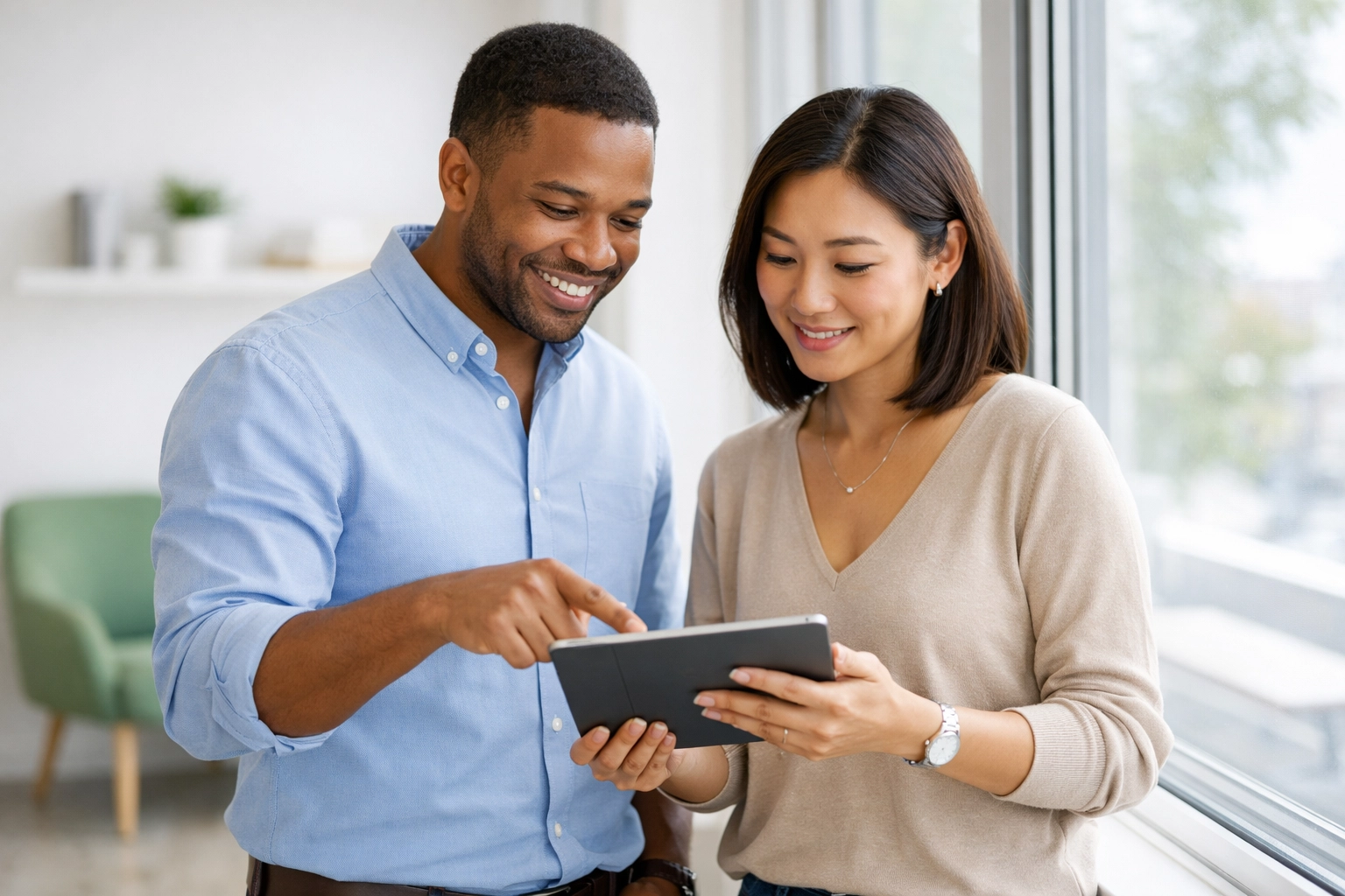 Business partners reviewing financial statements and investor metrics on a tablet in a bright workspace.