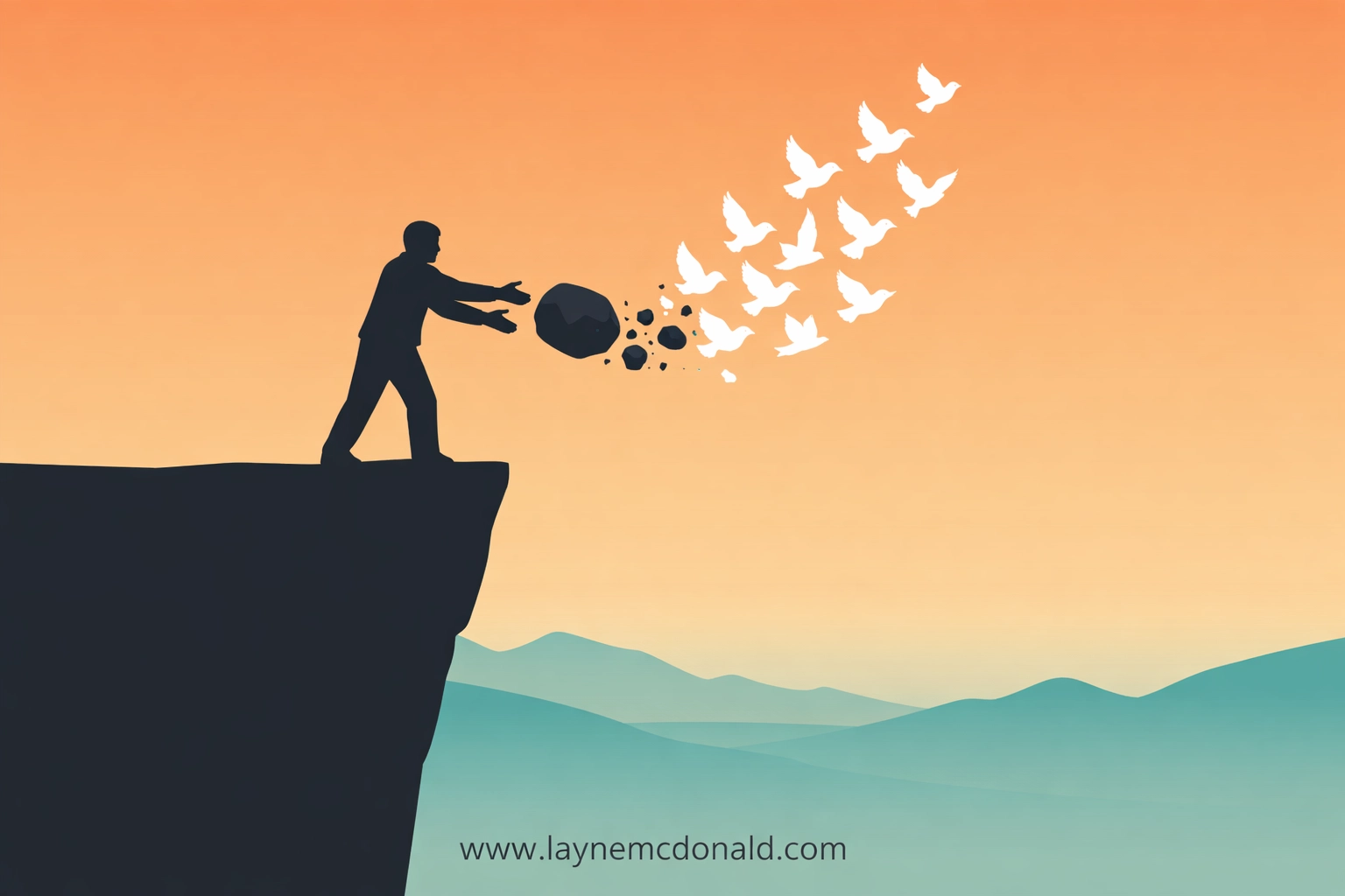 Graphic of a person releasing a burden that turns into birds, representing forgiveness and freedom from bitterness.