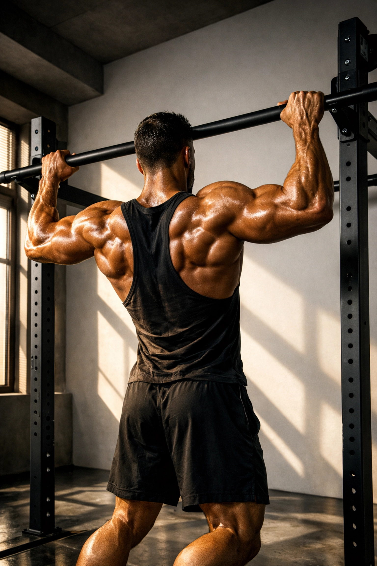 Athlete performing wide-grip pull-up on floor-to-ceiling home gym system to target back muscles