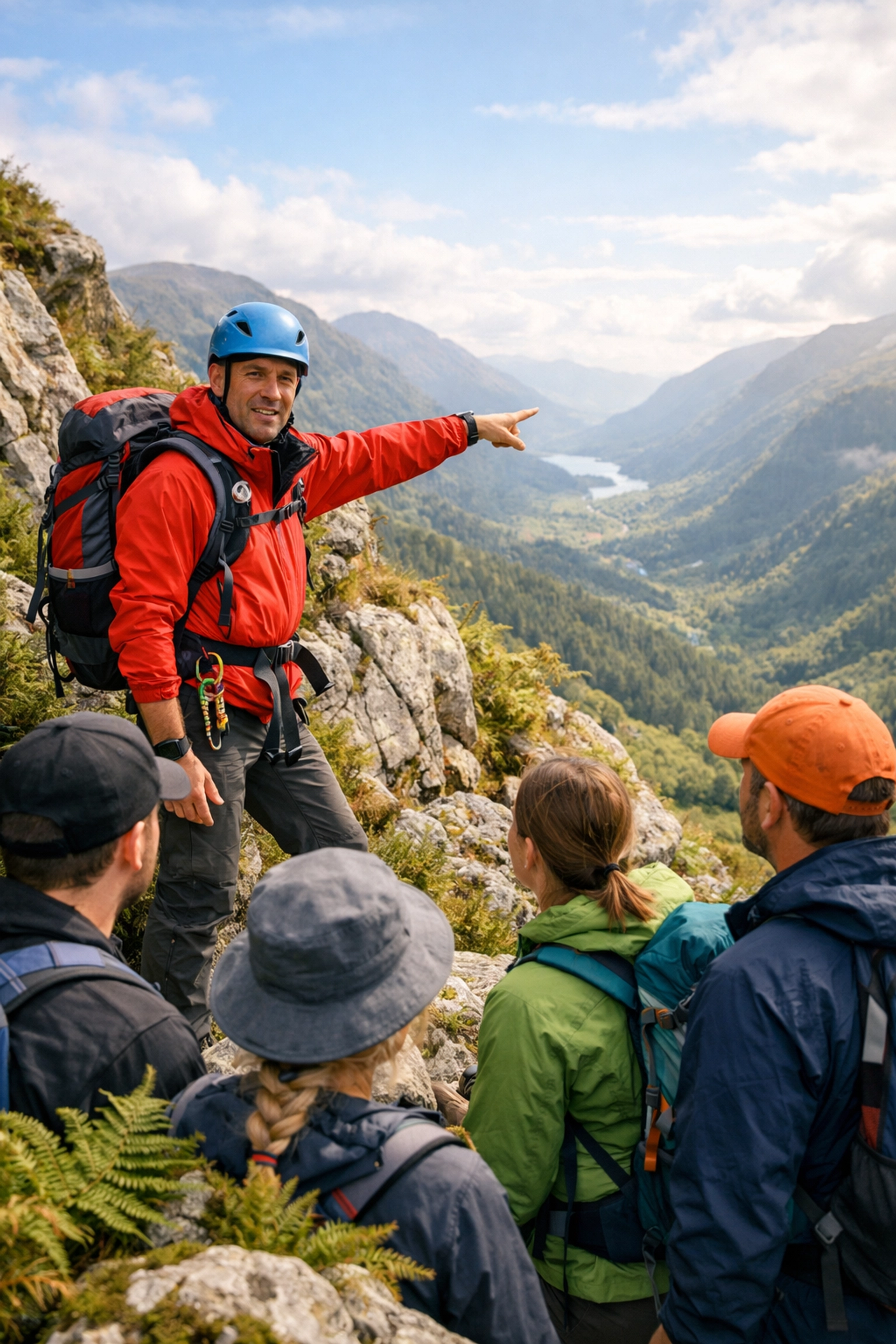 A qualified mountain leader guiding a group of hikers on a rocky outcrop during a Lake District walking tour.