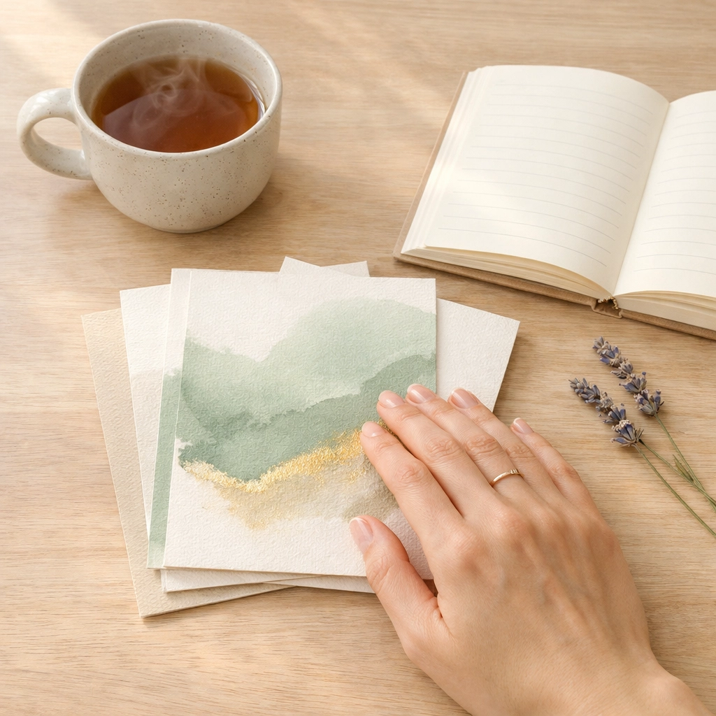 Faith-based affirmation cards and a journal on a desk for a daily mental health and wellness routine