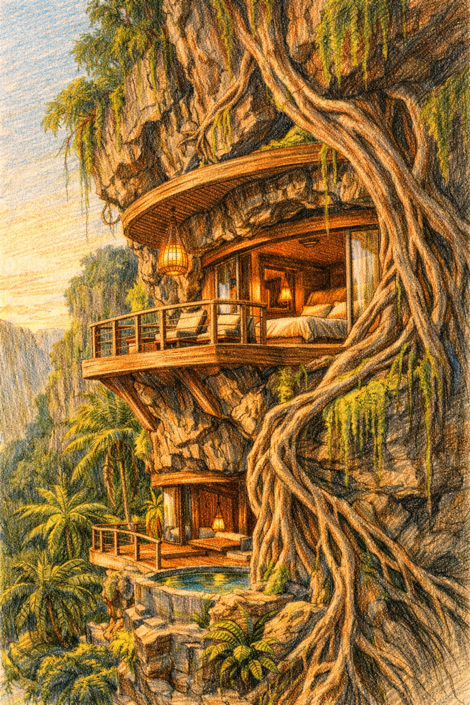 Eco-friendly hotel architecture integrated into a tropical cliff with native trees.