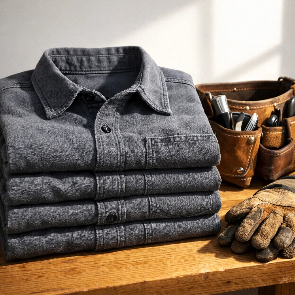 Heavyweight cotton bulk custom t shirts for durable construction crew workwear on a job site