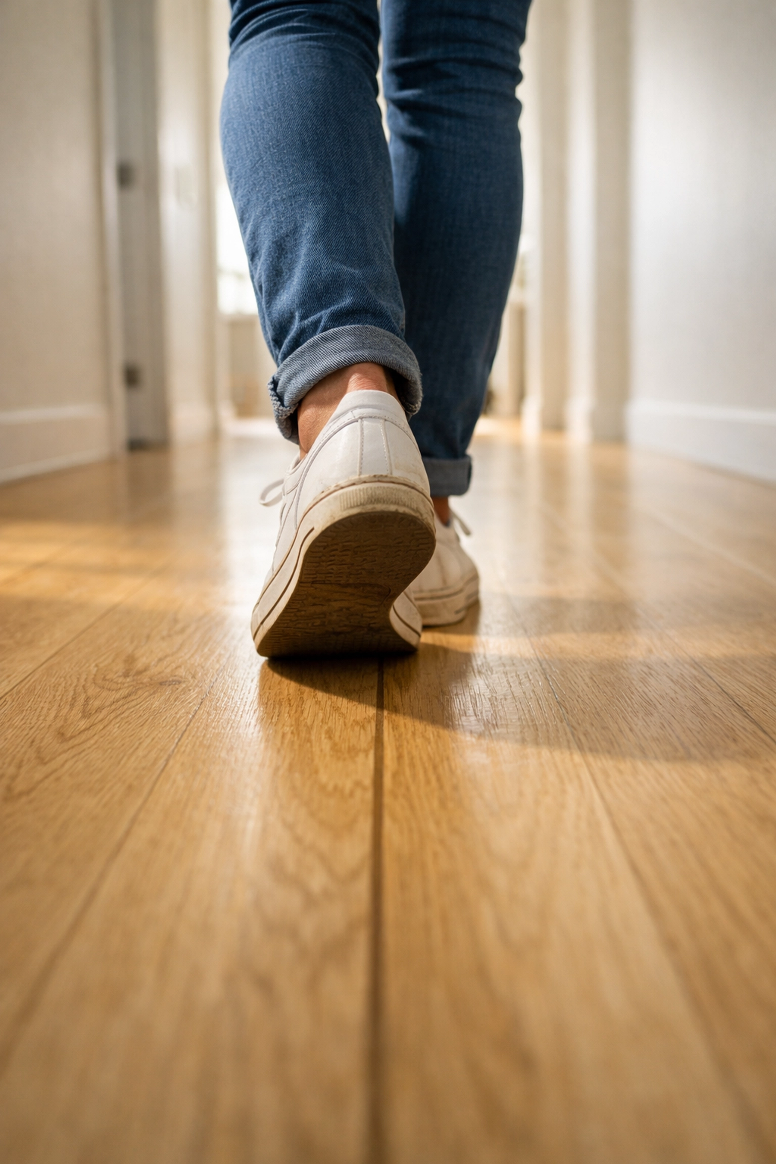 Close-up of feet performing heel-to-toe walking in a clear hallway to improve coordination.