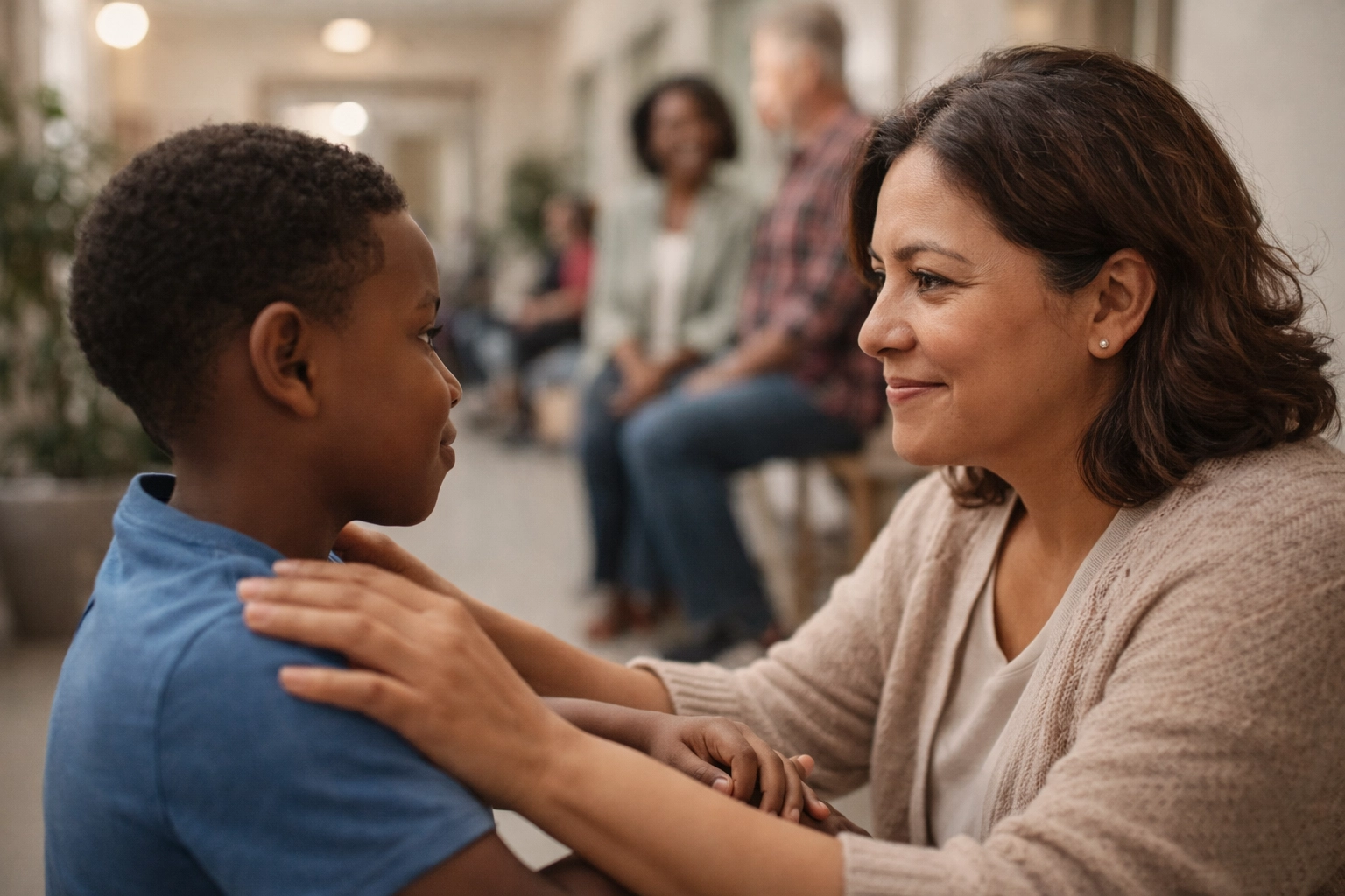 Adult mentoring child with compassion, supporting children of parents with mental illness