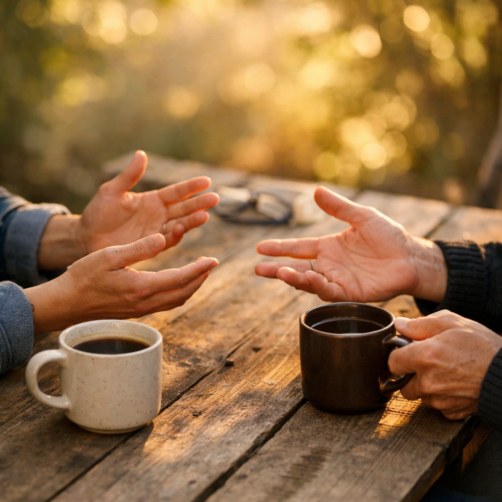 Two professionals in an outdoor leadership coaching conversation discussing career development