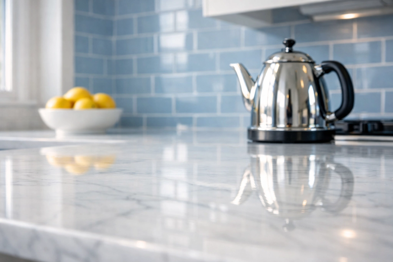 Pristine white marble kitchen countertop in a Westford home after a professional deep cleaning.