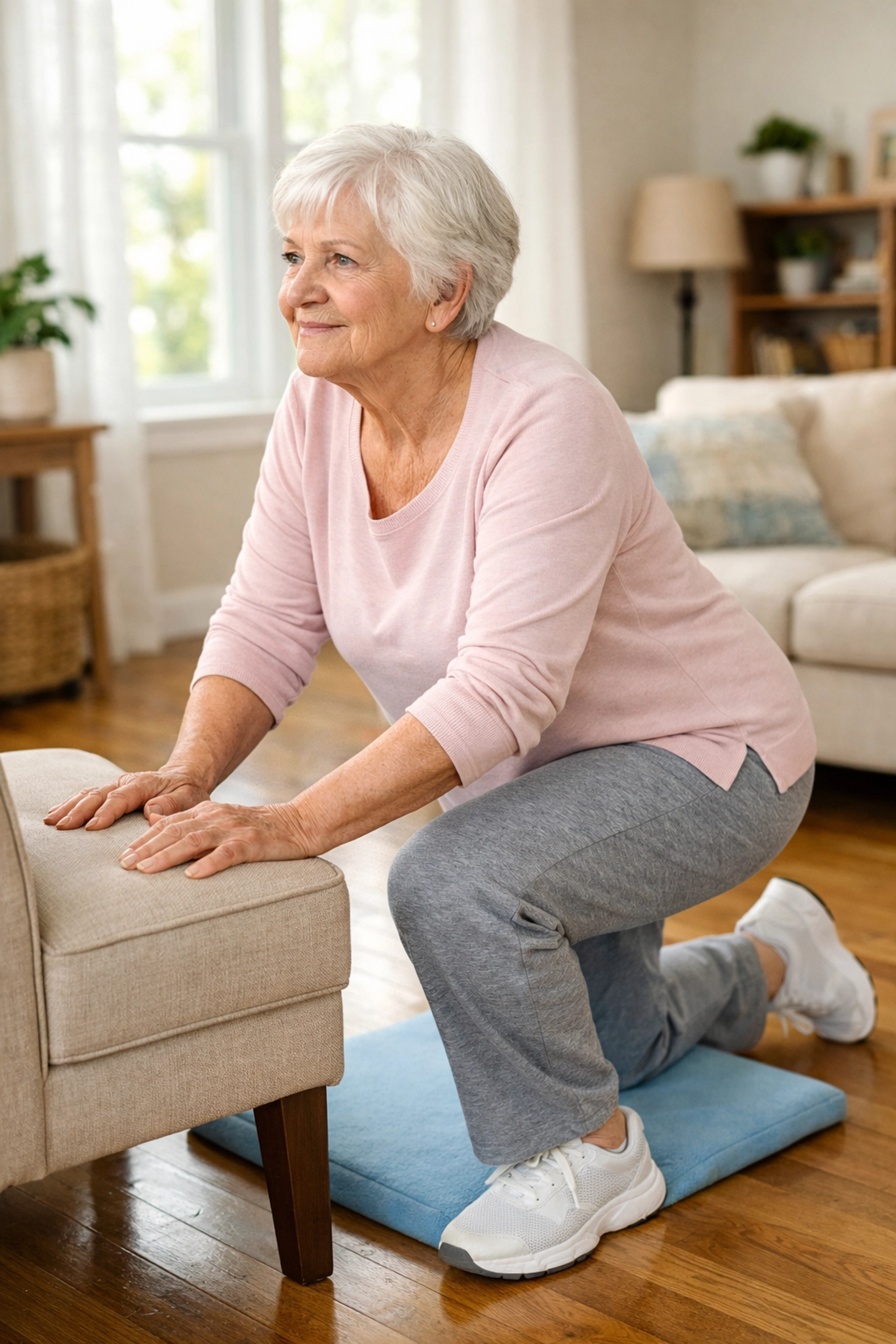 Senior performing leg strengthening exercise using chair for fall prevention