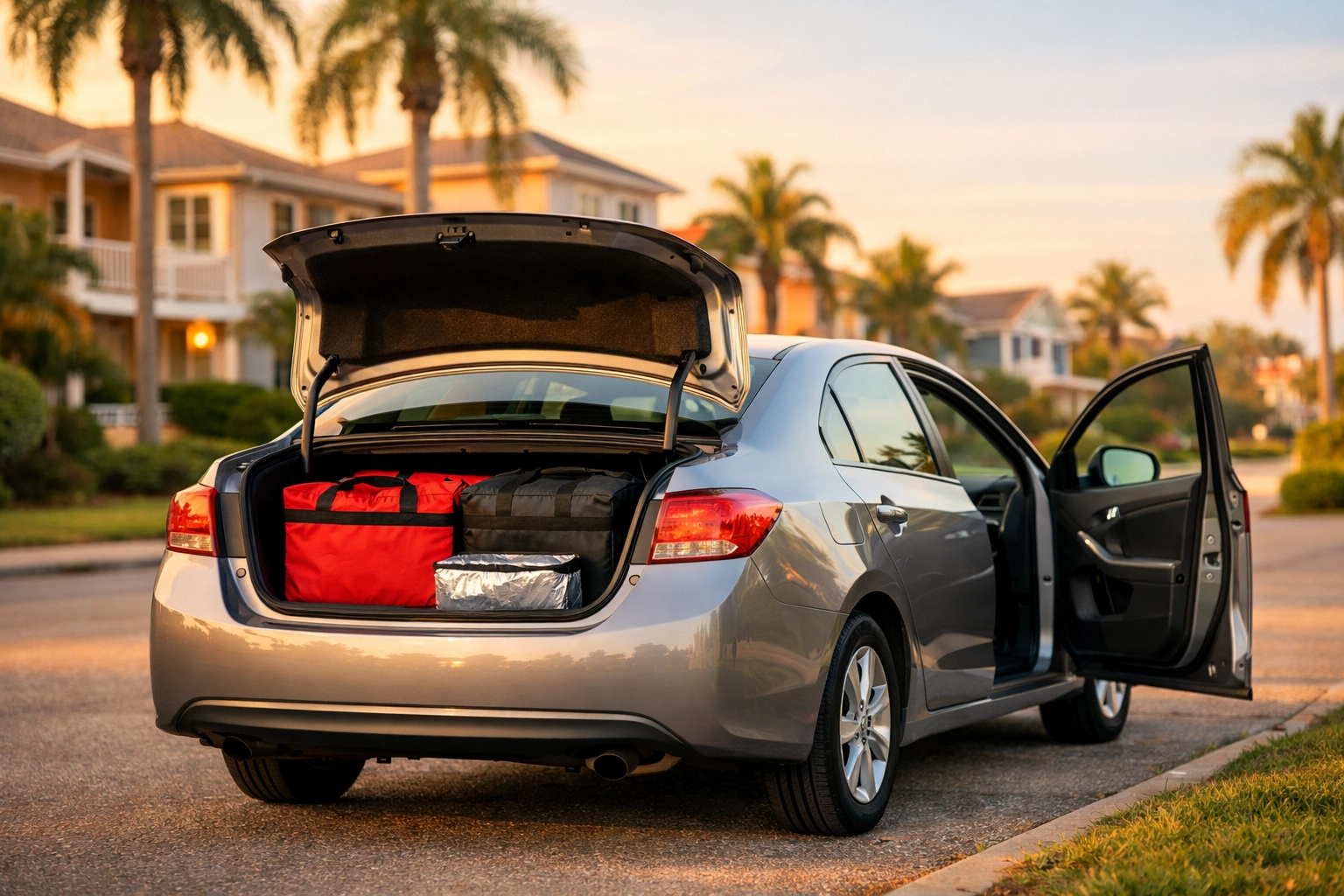 Meal delivery vehicle with insulated food bags in Tampa Bay residential neighborhood