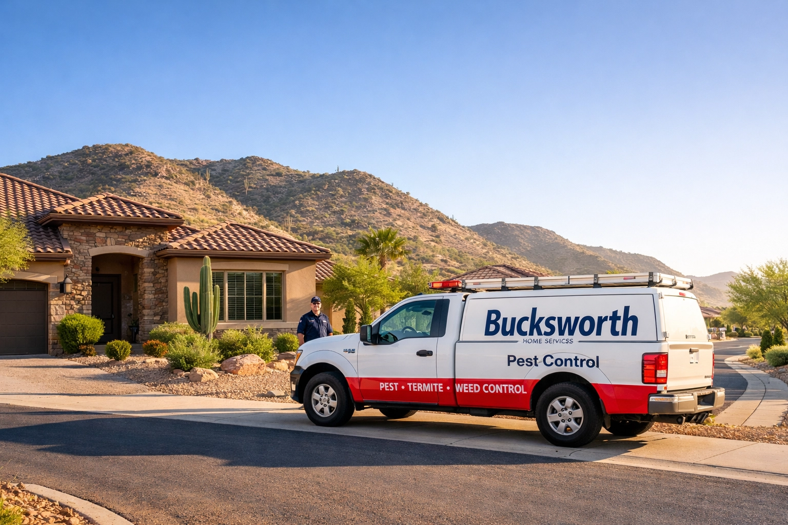 Bucksworth Home Services truck parked at a Westwing Mountain home in Peoria for expert scorpion control.