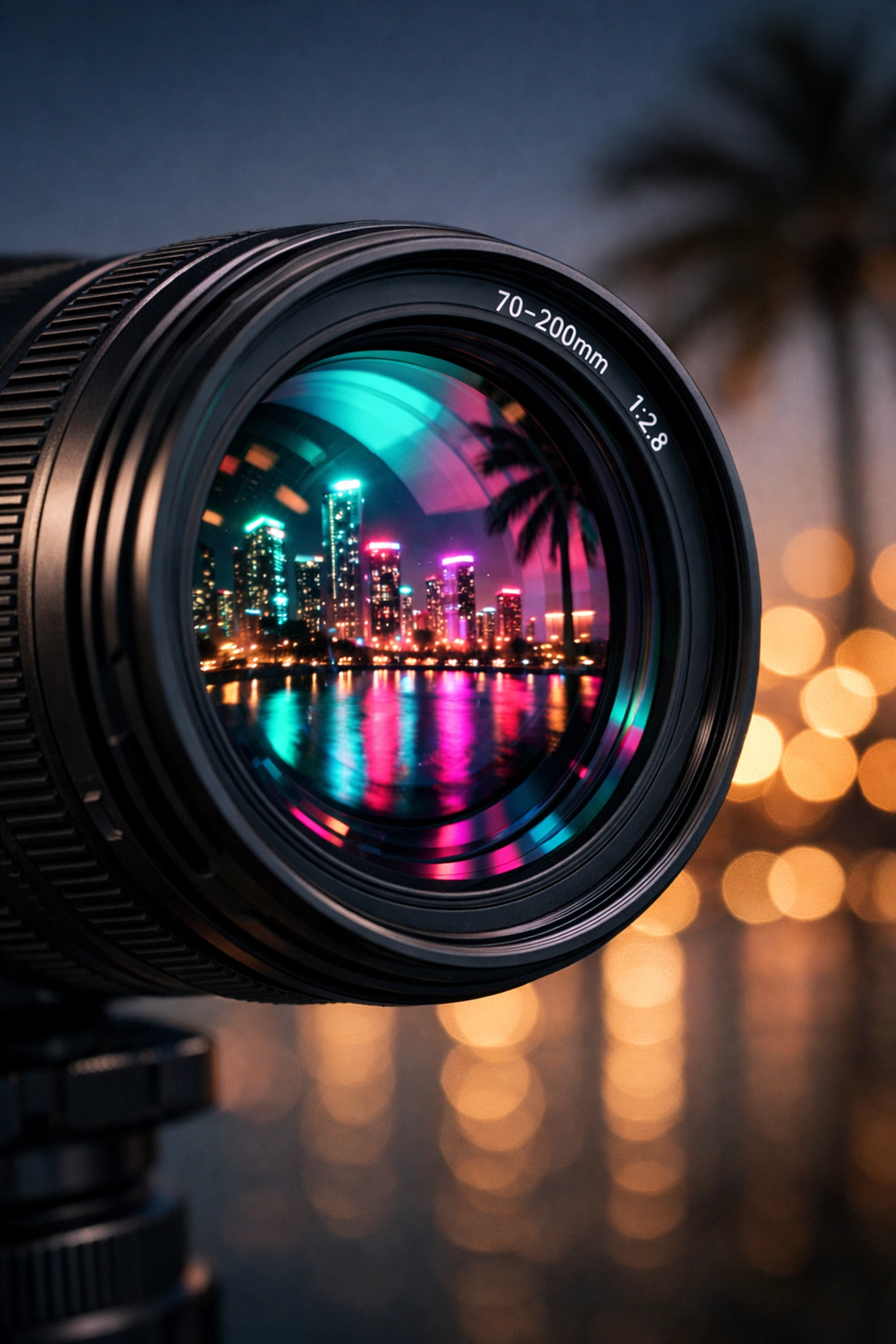 Close-up of a professional camera lens reflecting the vibrant neon lights of the Miami skyline at dusk.