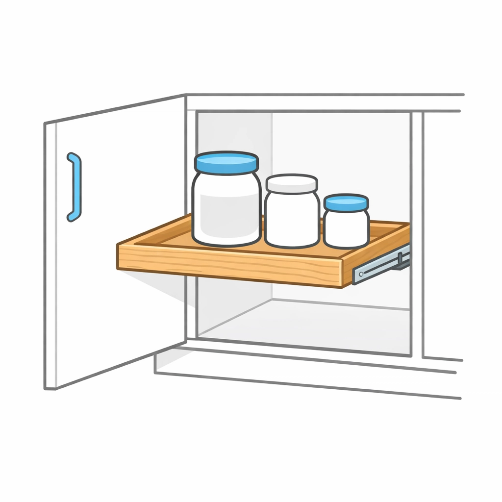 Accessible kitchen cabinet with pull-out wooden shelves to improve reach and safety for seniors.