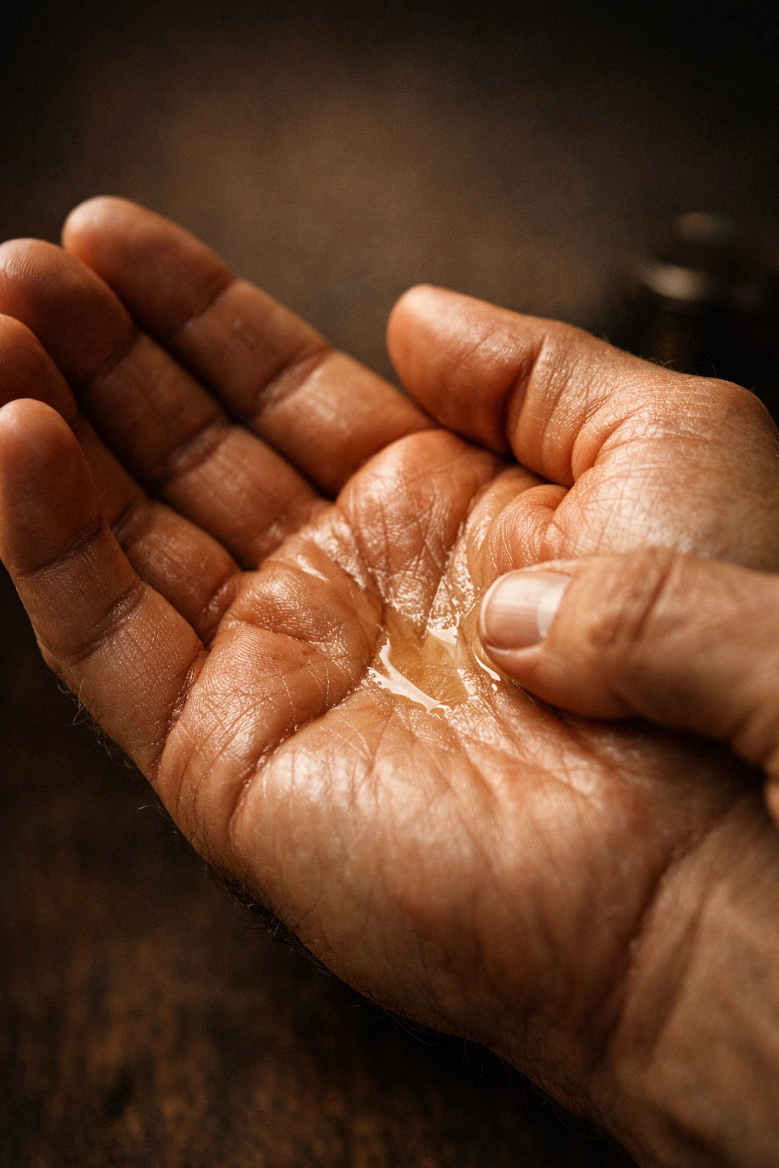 Man massaging fast-absorbing beard oil into his hand to show the non-greasy, healthy skin glow.