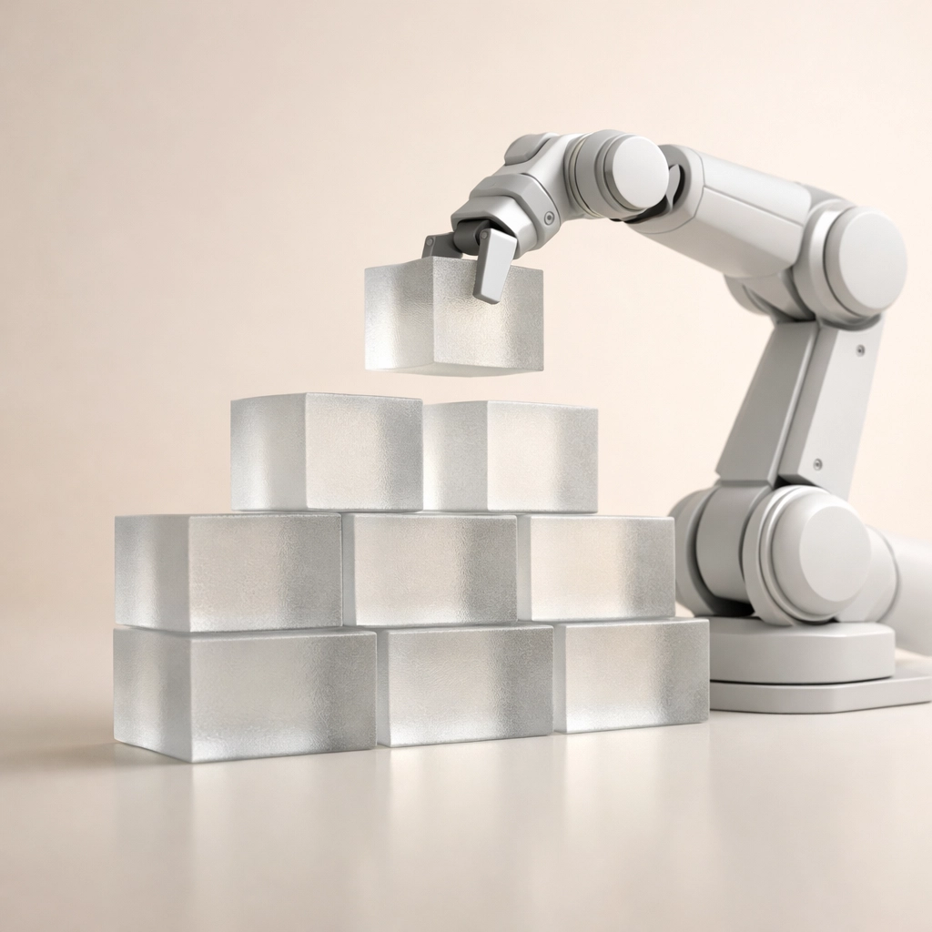 Sleek robotic arm building a structural foundation representing AI-driven content architecture and research.