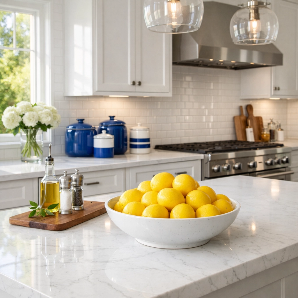 Pristine white kitchen with marble countertops following a Deep Cleaning Westborough session.