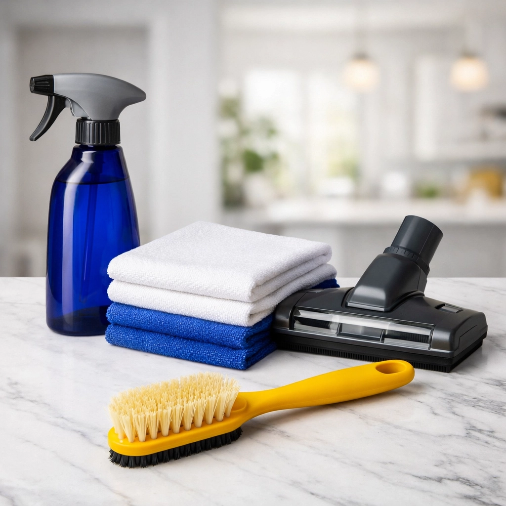 Professional eco-friendly cleaning supplies and high-grade tools used for a thorough Boston move-out cleaning.