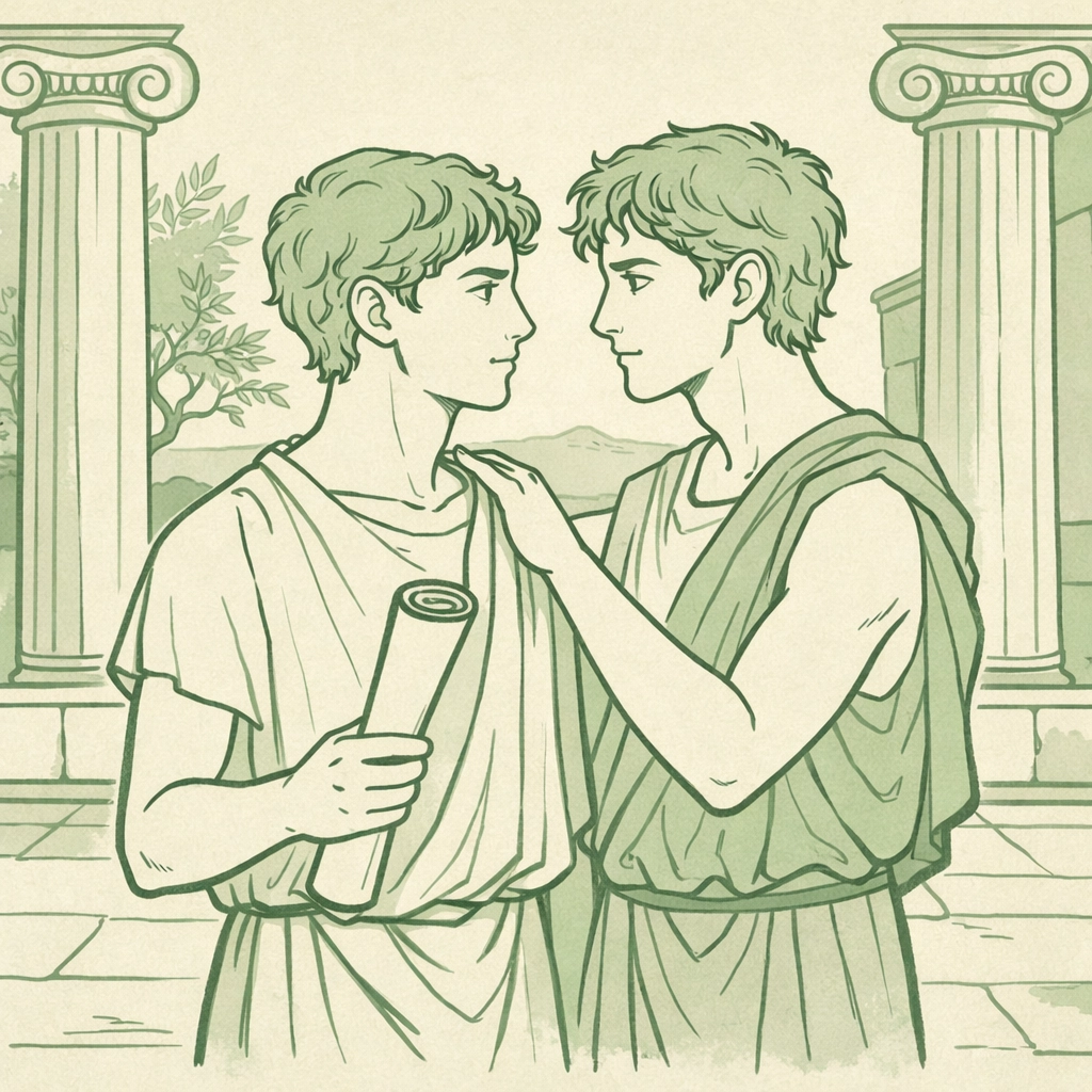 Step-brothers in Ancient Greek courtyard with marble columns - MM historical romance