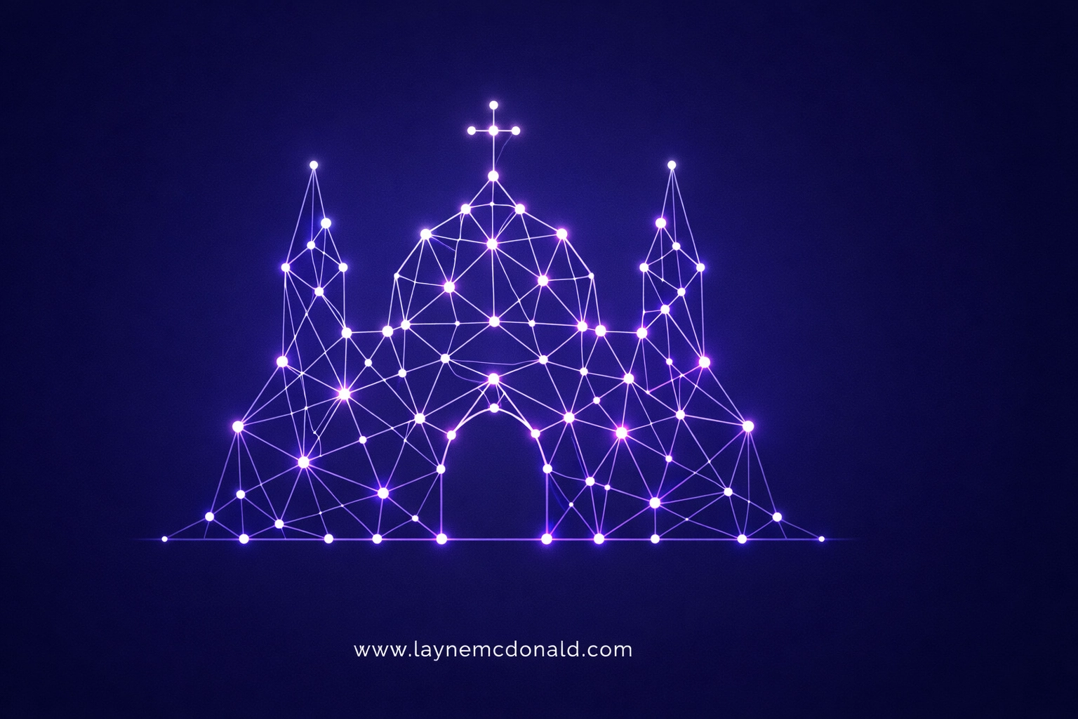 Digital network nodes forming a cathedral silhouette, representing unity and excellence in Christian media.