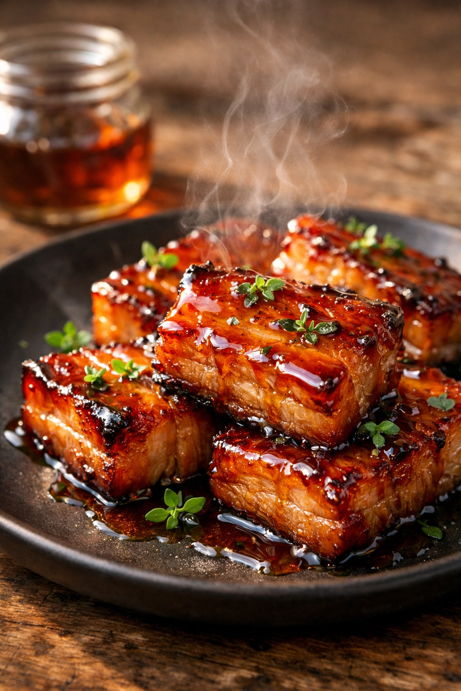 A plate of maple-glazed pork belly highlighting Montreal's seasonal sugar shack food scene.
