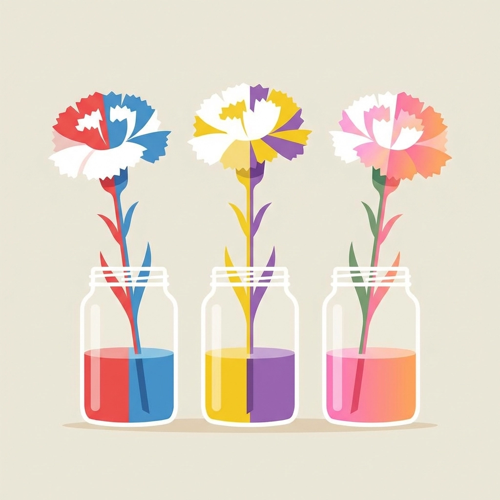 Three carnations in jars, each displaying unique split-color petals from separate colored water sections