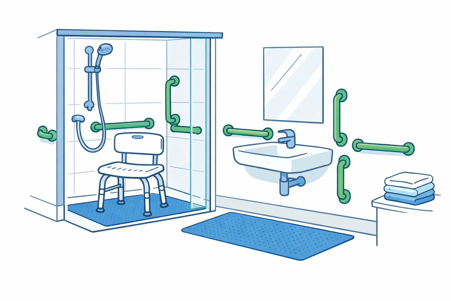 Baño seguro con barras de apoyo y silla de ducha para asistencia de adultos mayores