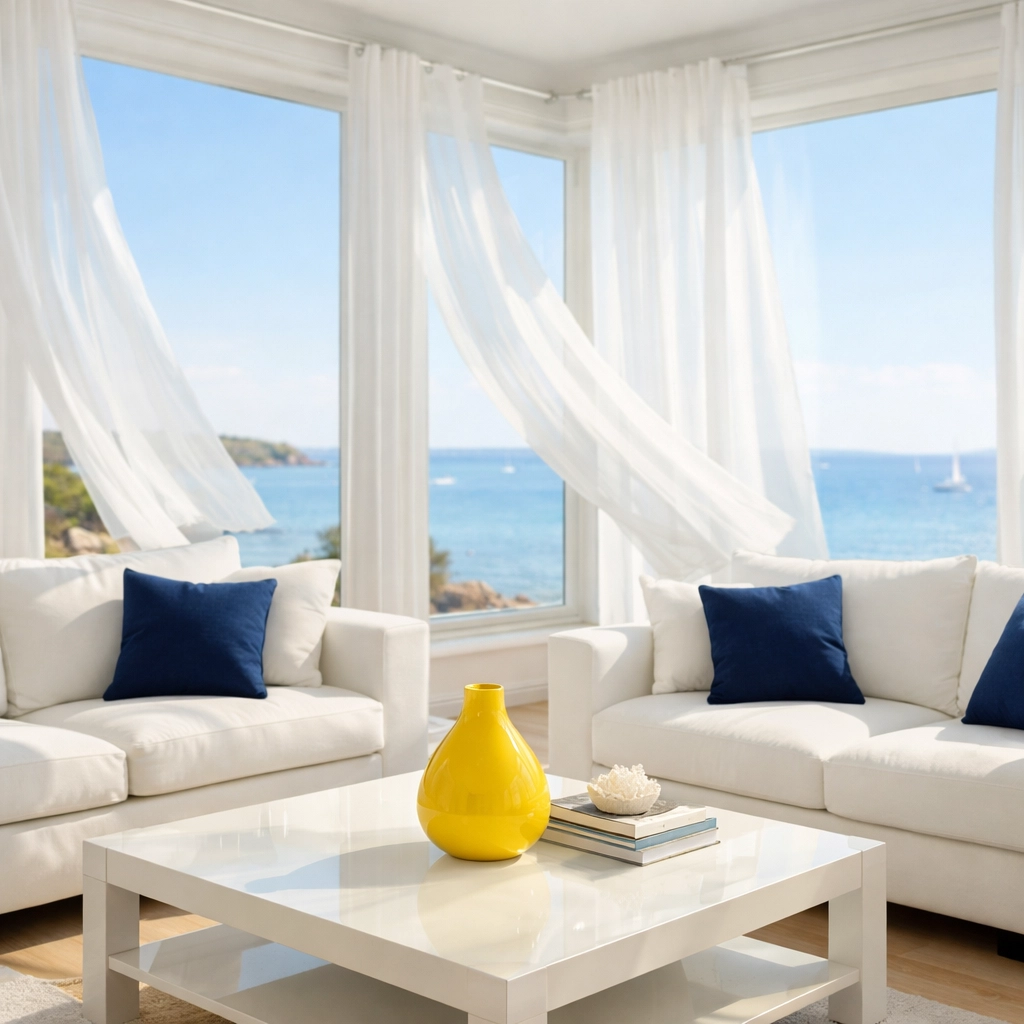 Fresh air and bright coastal living room after eco-friendly house cleaning in Marblehead.