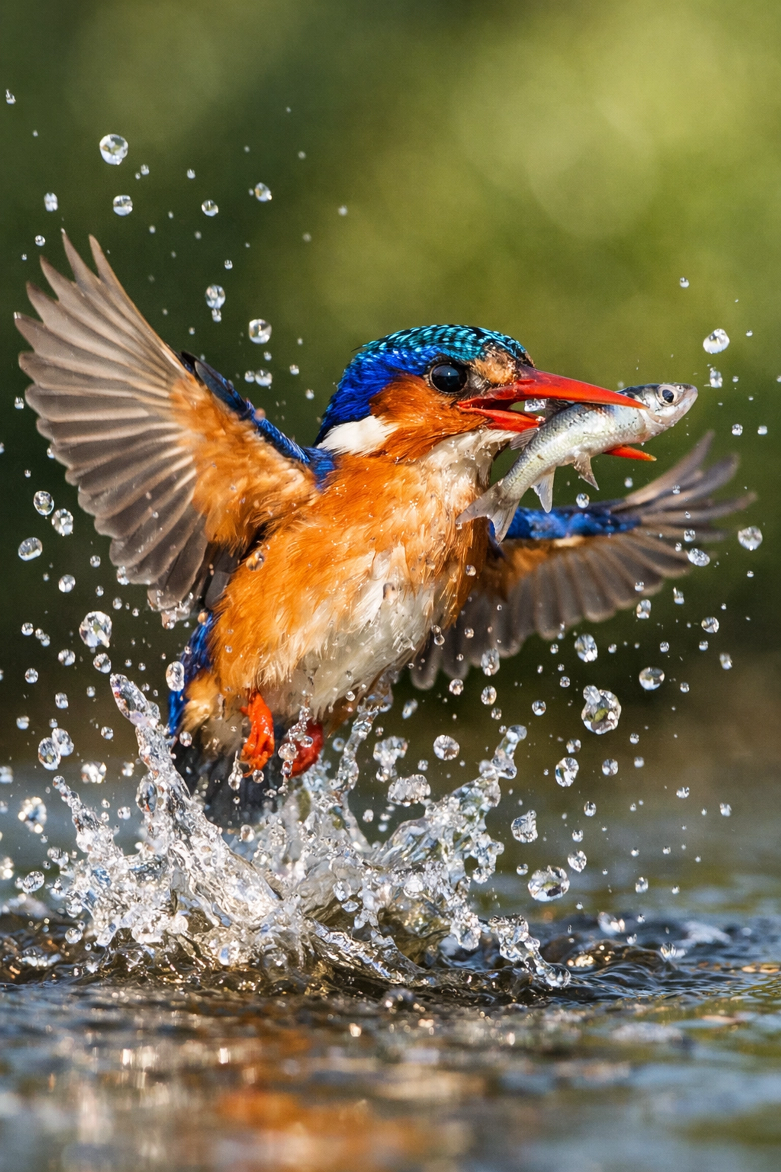 Sharp kingfisher bird photo with frozen water droplets showing motion capture for animal stock photography.