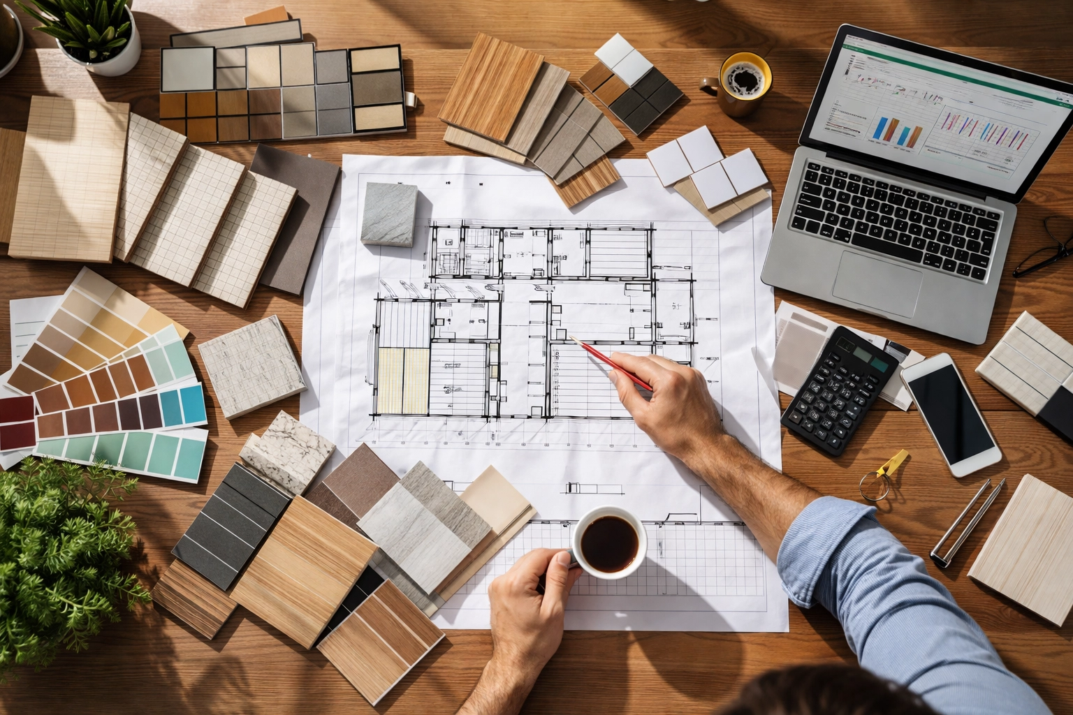 Investor reviewing renovation scope, plans, and material takeoff to request bulk pricing quote at bid desk (real estate investment platform)